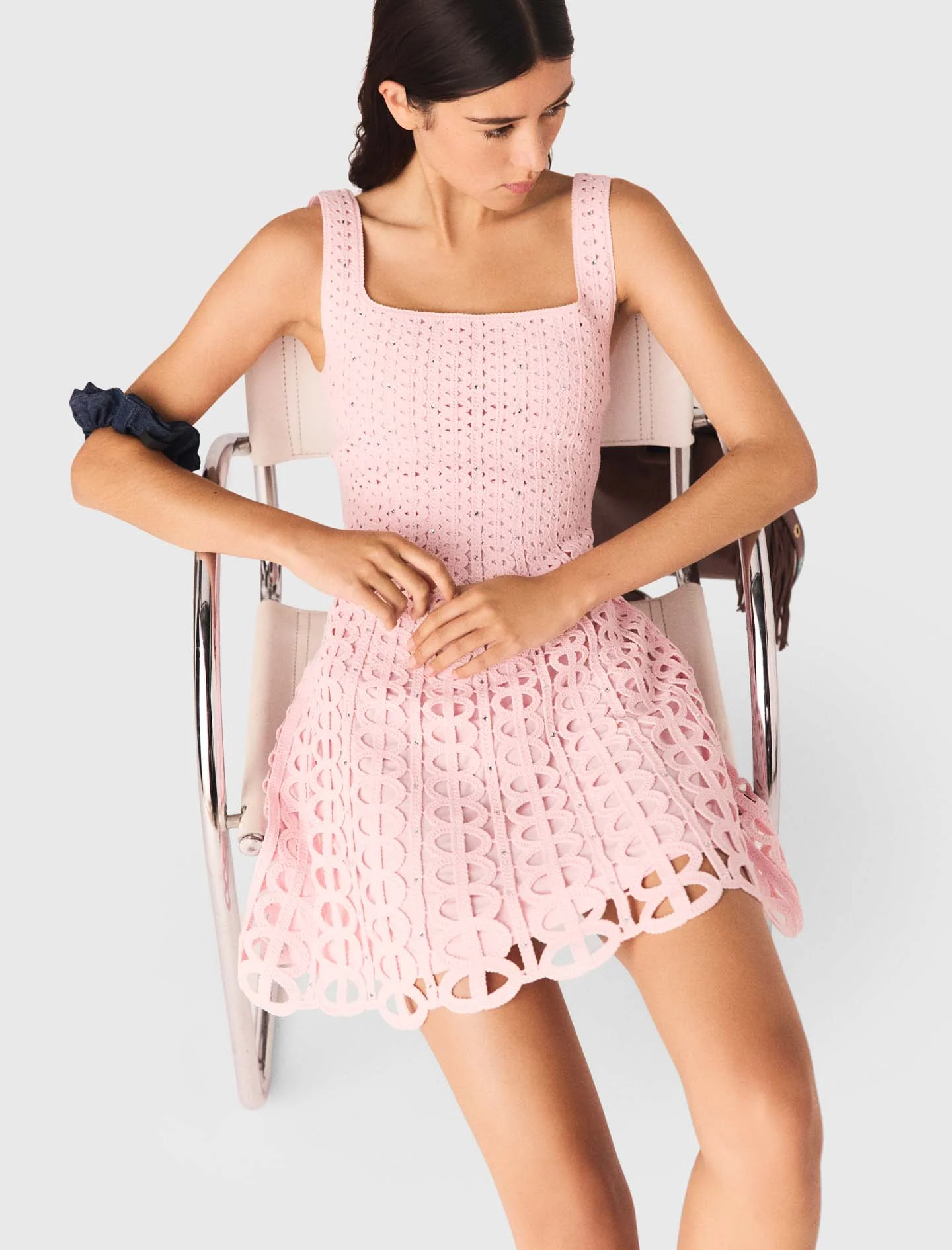 Short Rhinestone Crochet Dress Pink - Image 5