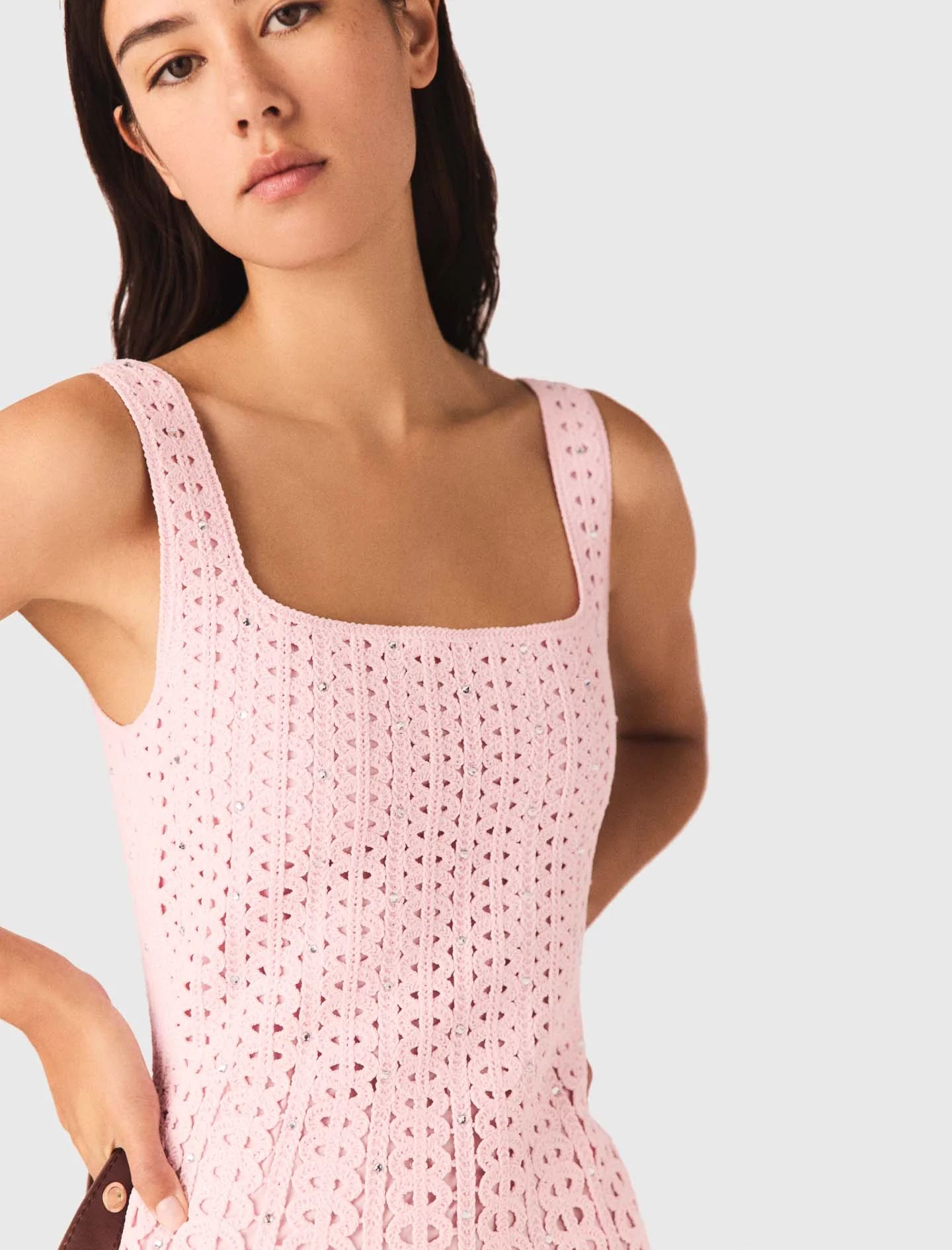 Short Rhinestone Crochet Dress Pink - Image 7