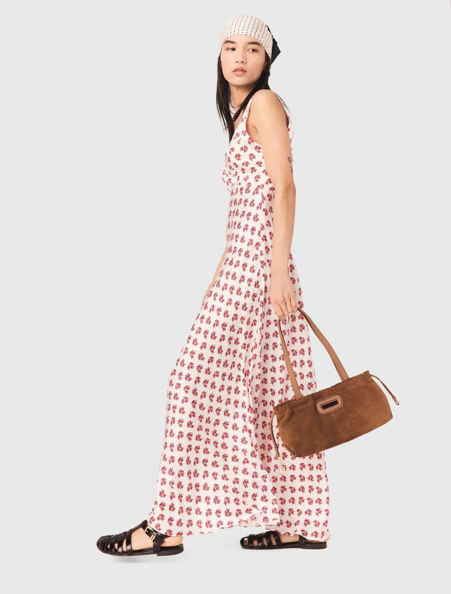 Printed Silk Dress Red Small Flowers Print - Image 2