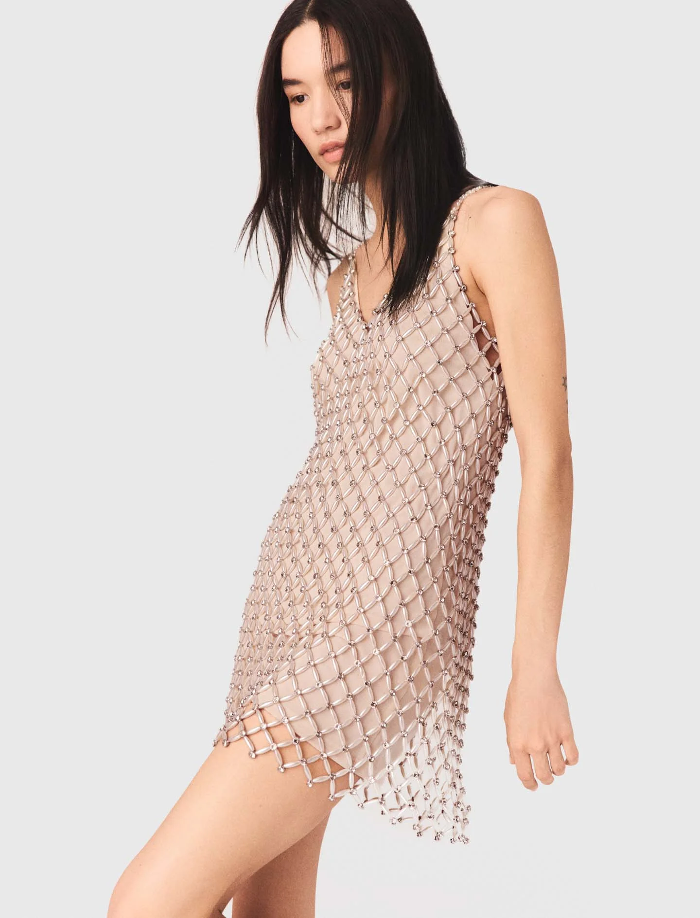Short Beaded Dress With Lining Ecru - Image 3