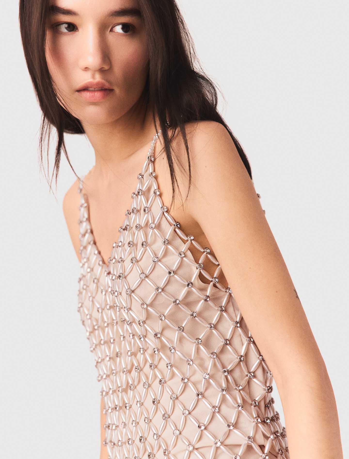Short Beaded Dress With Lining Ecru - Image 5
