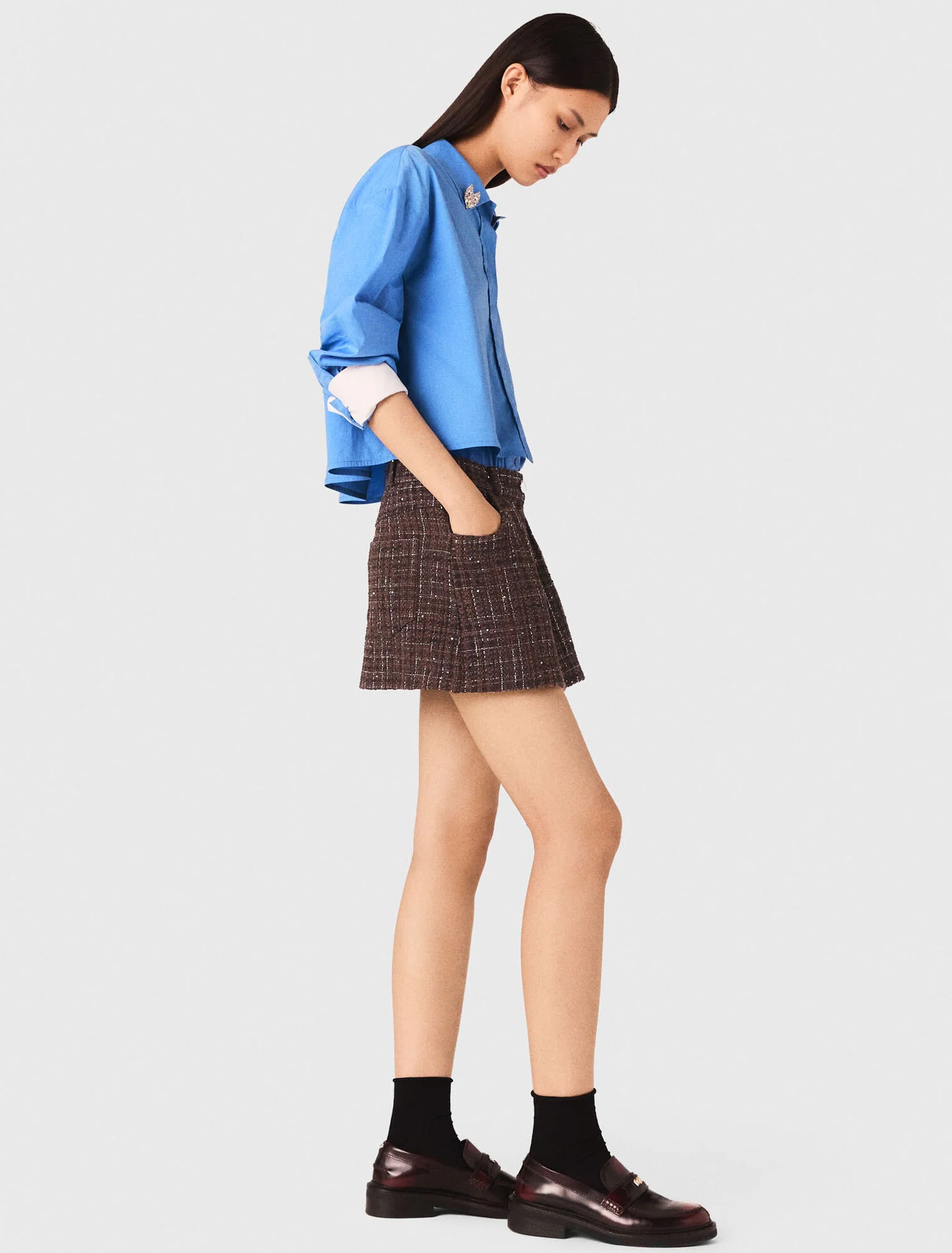 Tweed shorts with elasticated waistband Brown - Image 4