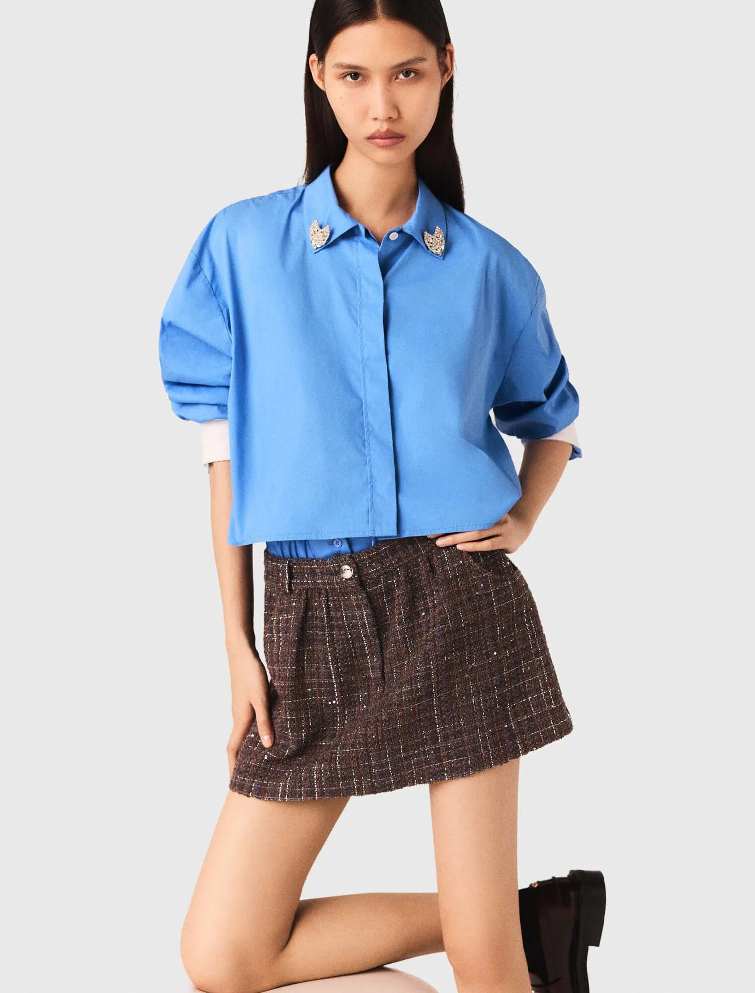 Tweed shorts with elasticated waistband Brown - Image 5
