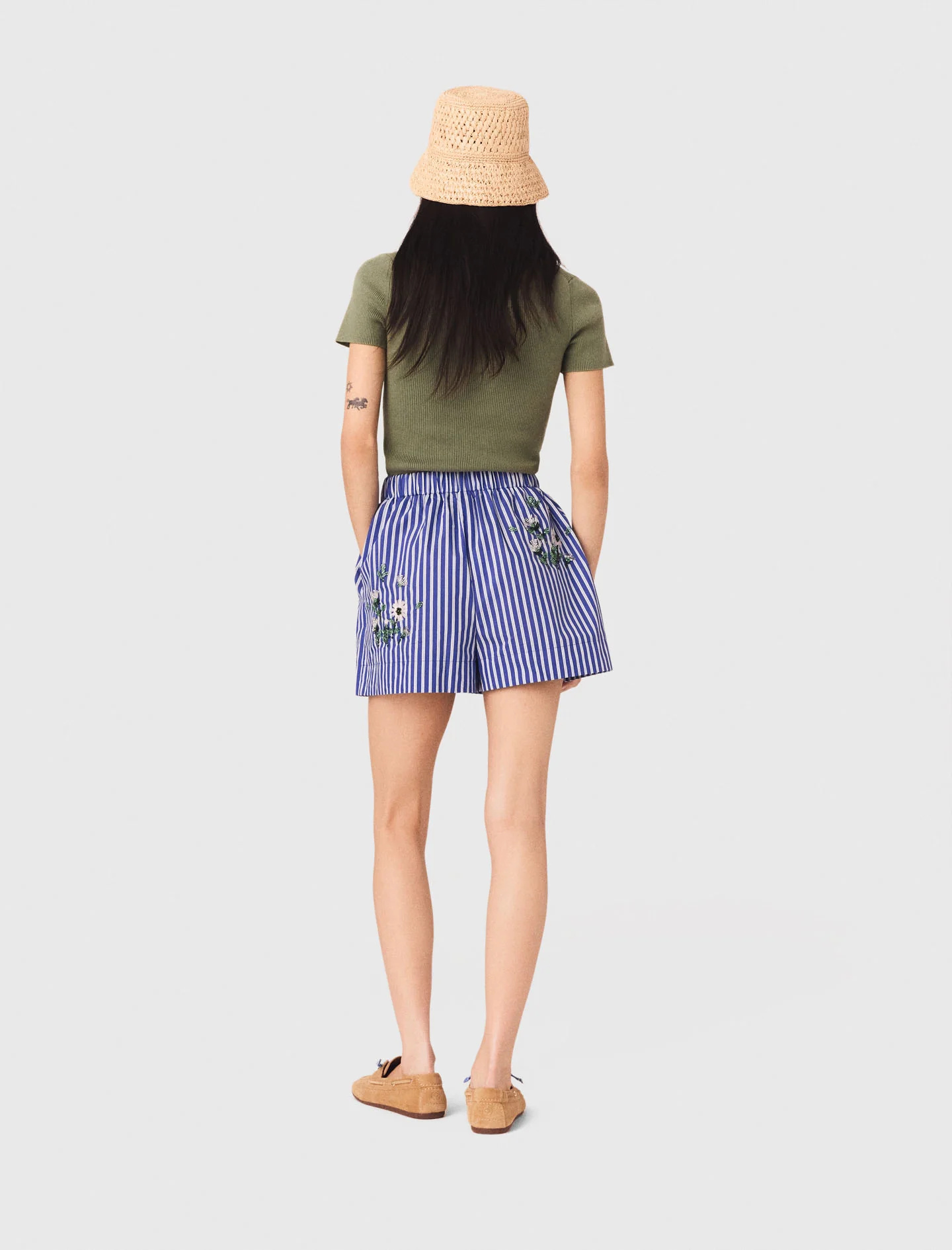 Embroidered Cotton Striped Shorts White/Blue - Image 3