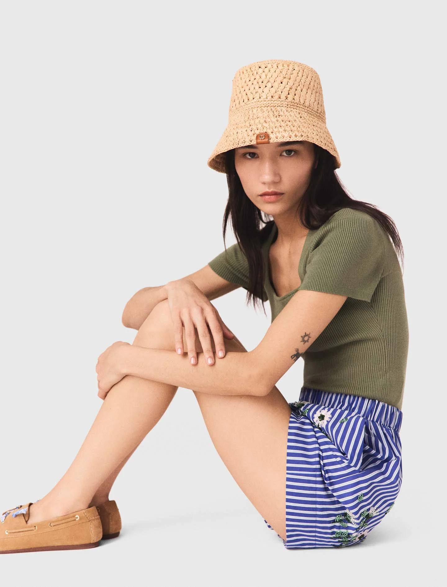 Embroidered Cotton Striped Shorts White/Blue - Image 4