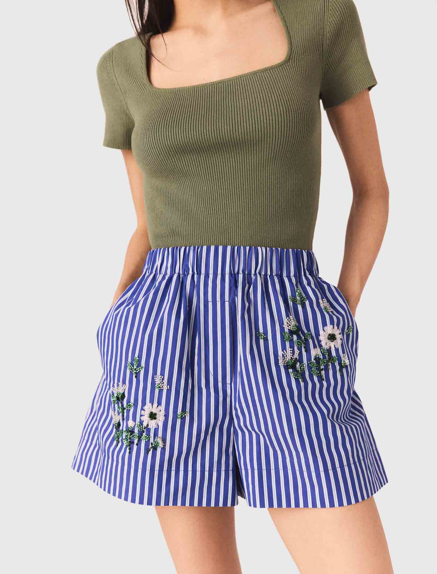 Embroidered Cotton Striped Shorts White/Blue - Image 5