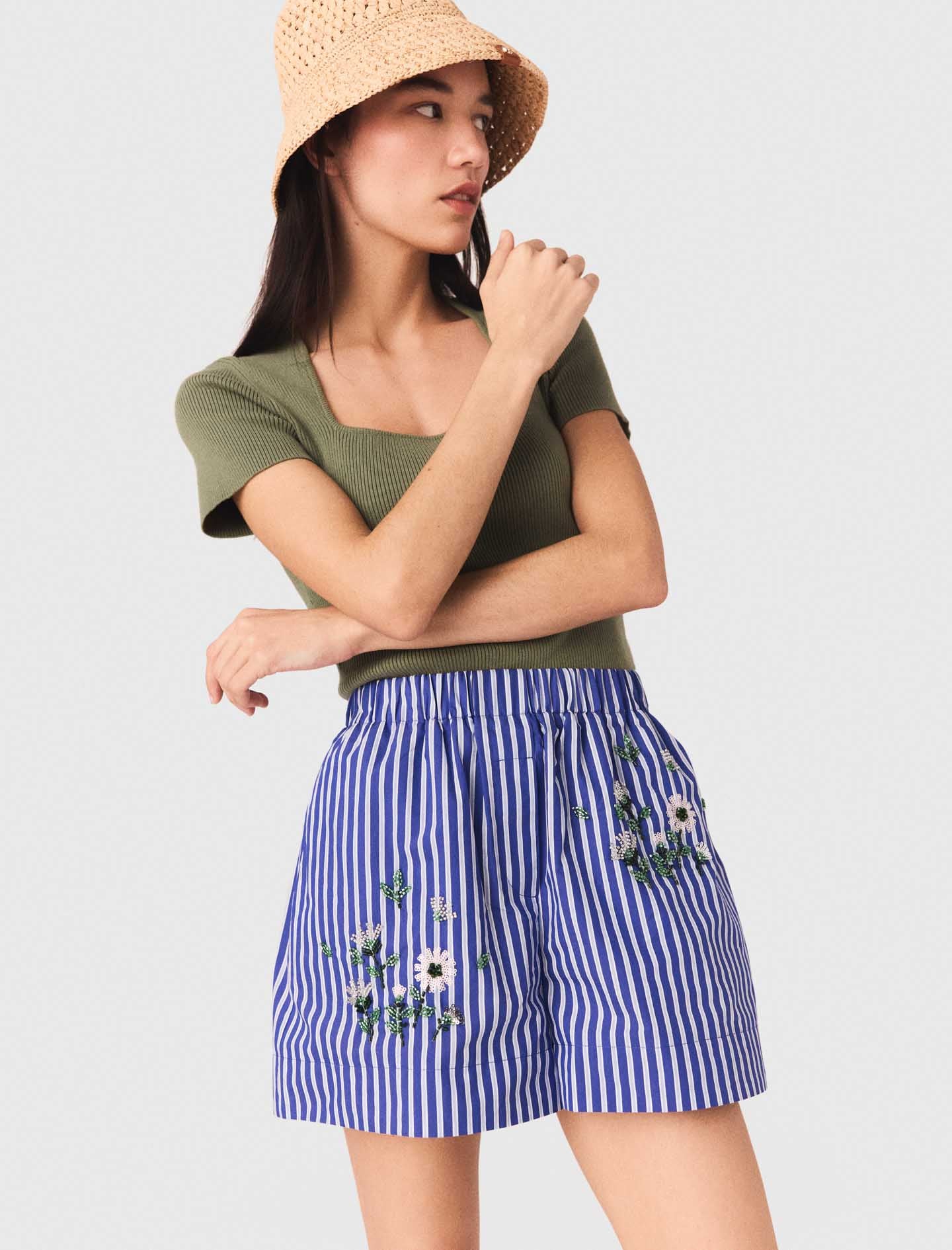 Embroidered Cotton Striped Shorts White/Blue - Image 6