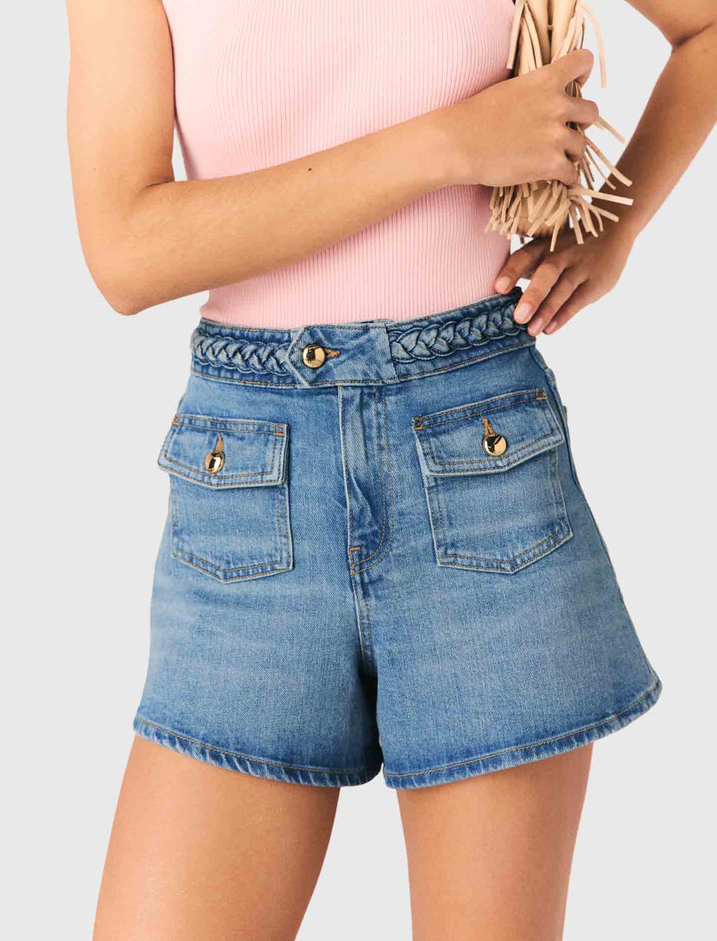 Braided Denim Shorts Blue - Image 5