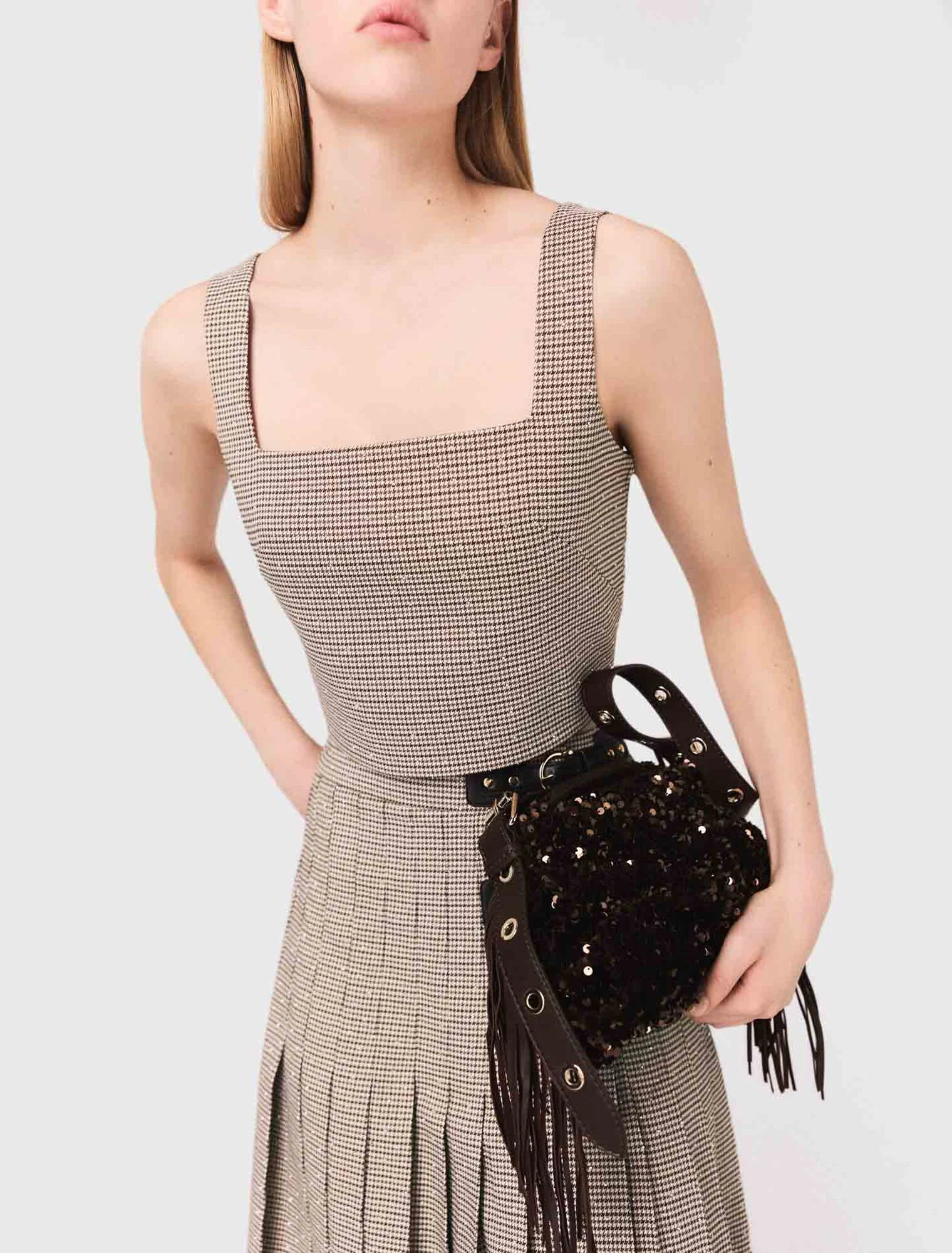 Checked diamanté strappy top Brown - Image 4