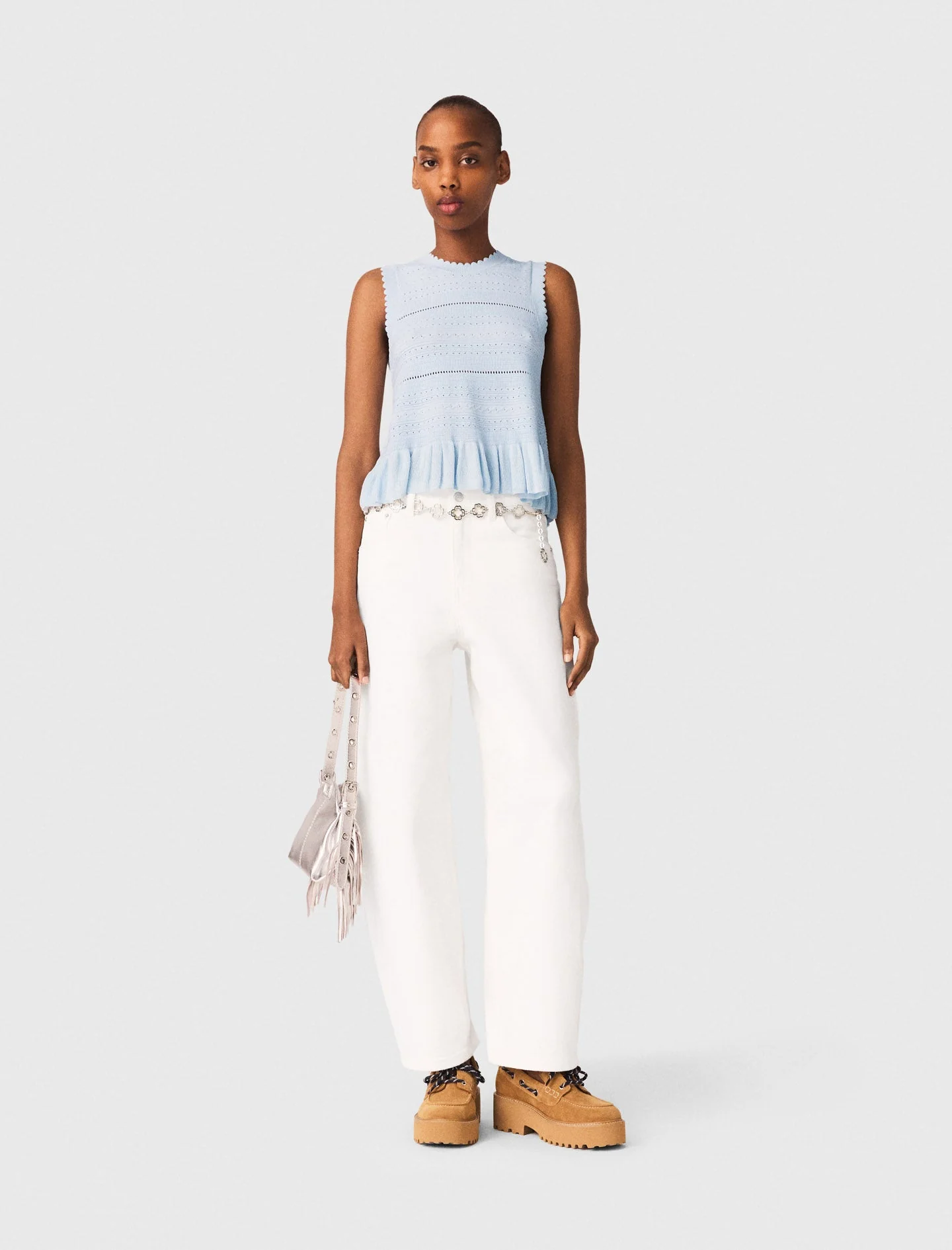 Ruffled Knit Top Blue Sky