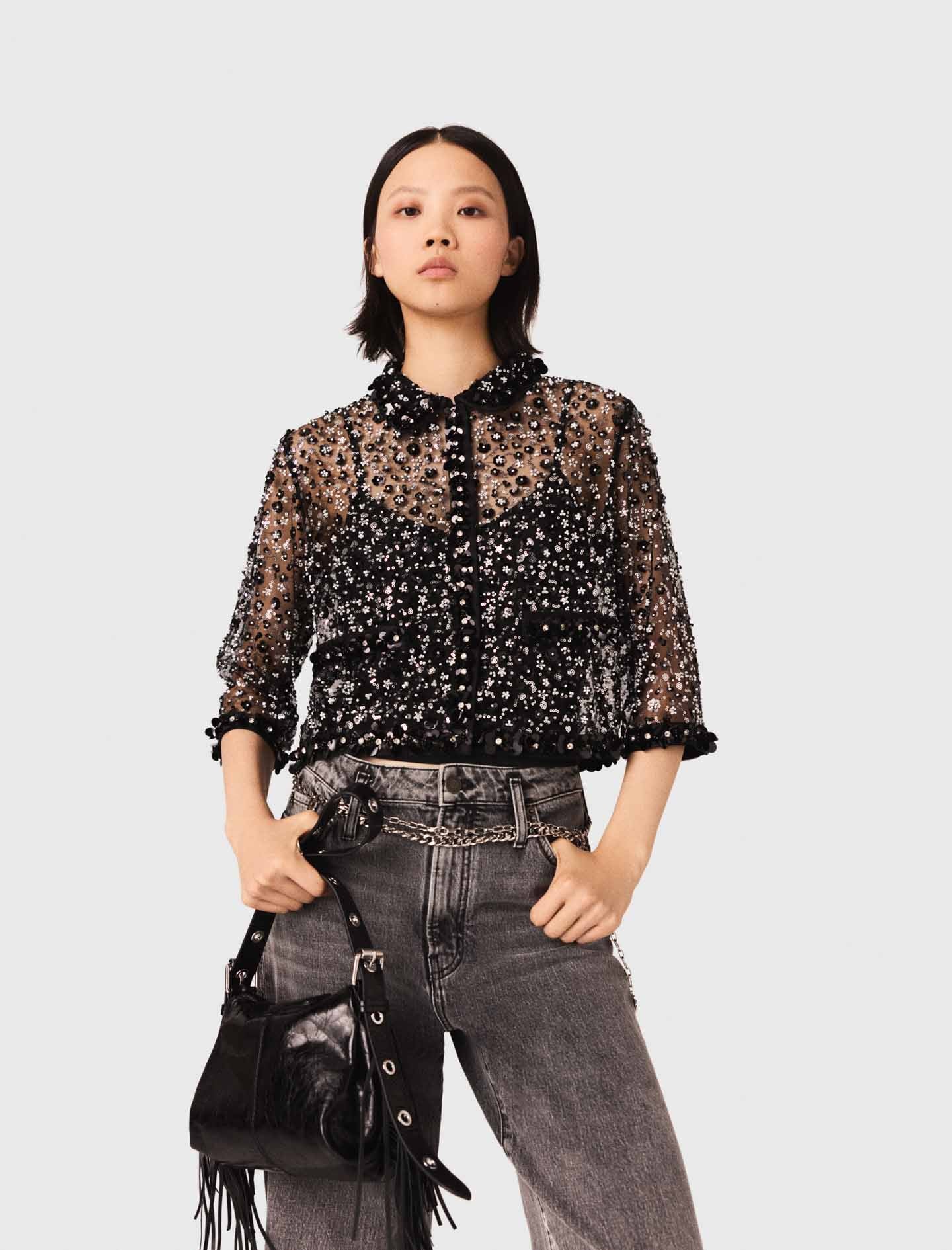 Floral Rhinestone Polo Black - Image 2