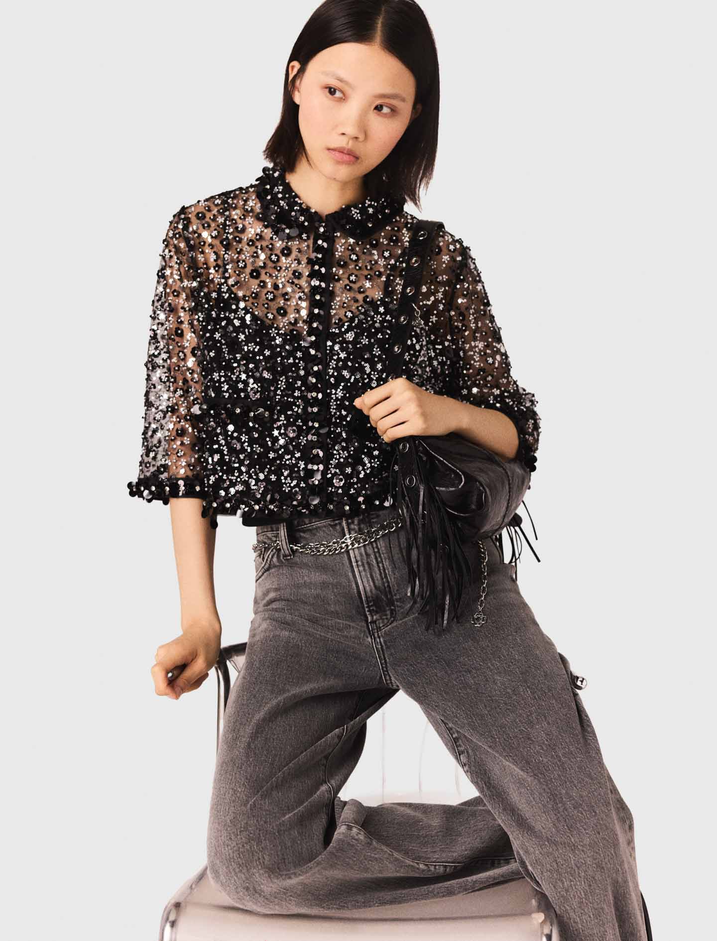 Floral Rhinestone Polo Black - Image 6