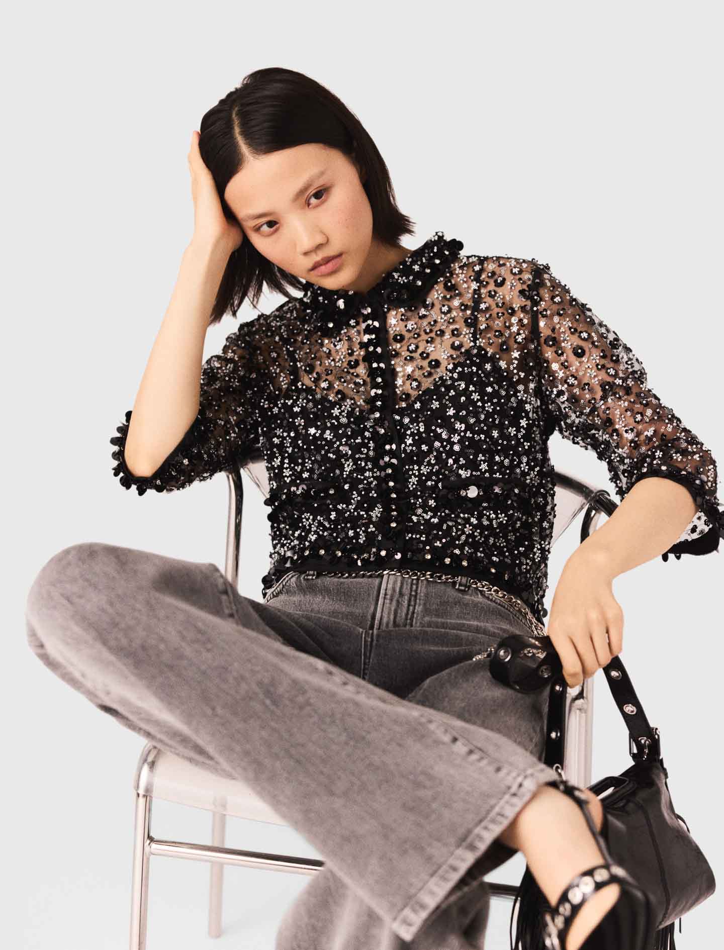 Floral Rhinestone Polo Black - Image 7