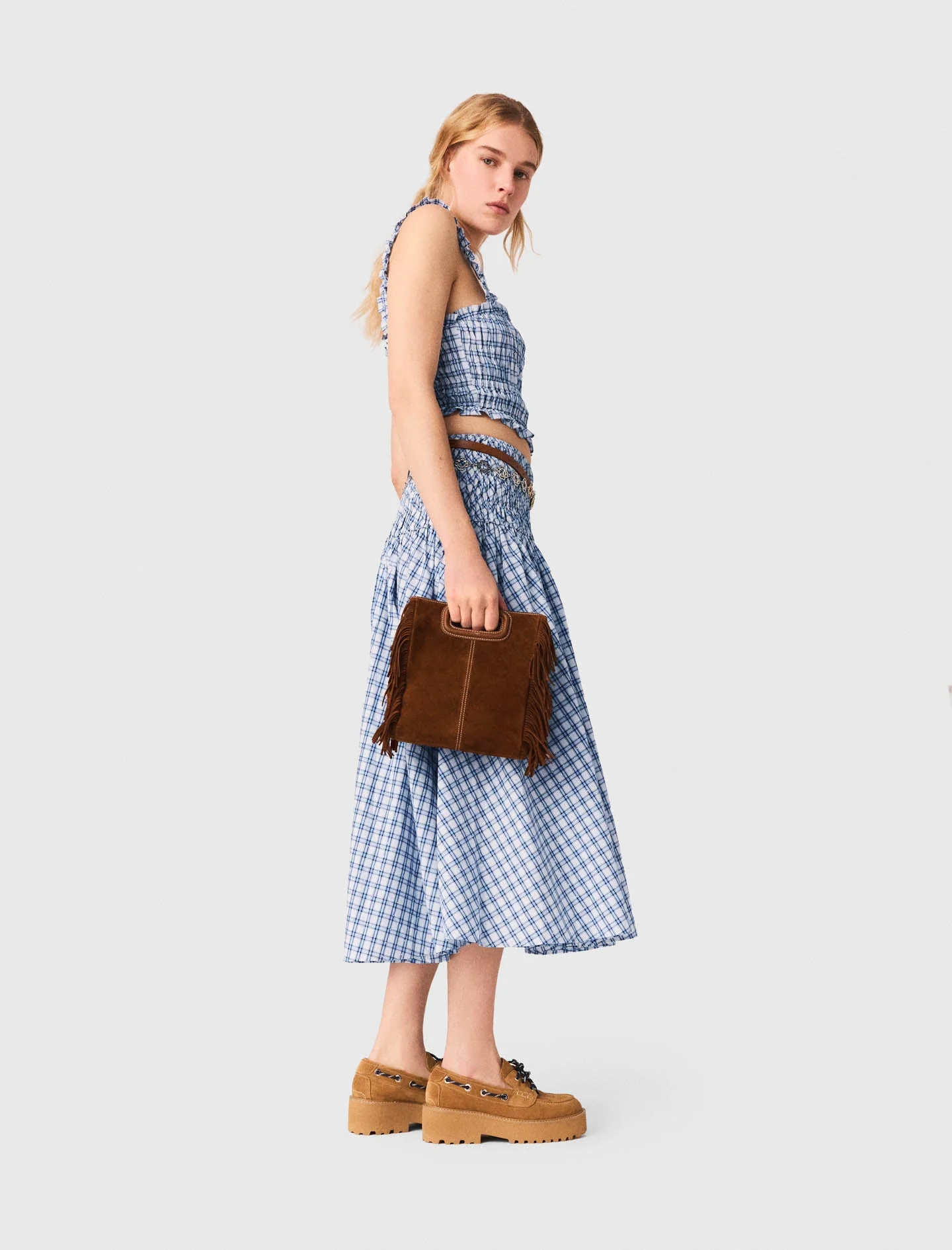 Smocked Rhinestone Cotton Top Blue Check Print - Image 2