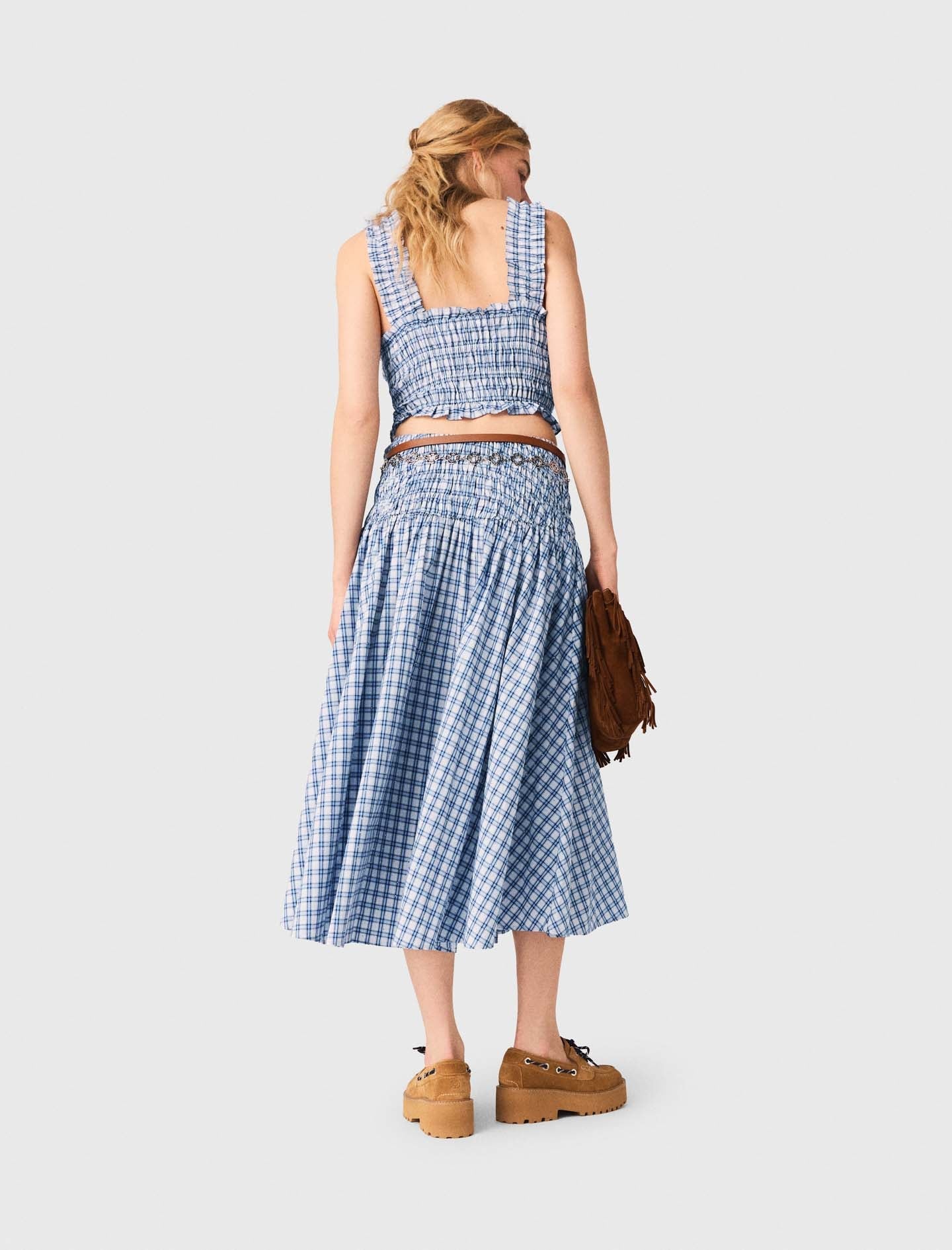 Smocked Rhinestone Cotton Top Blue Check Print - Image 3