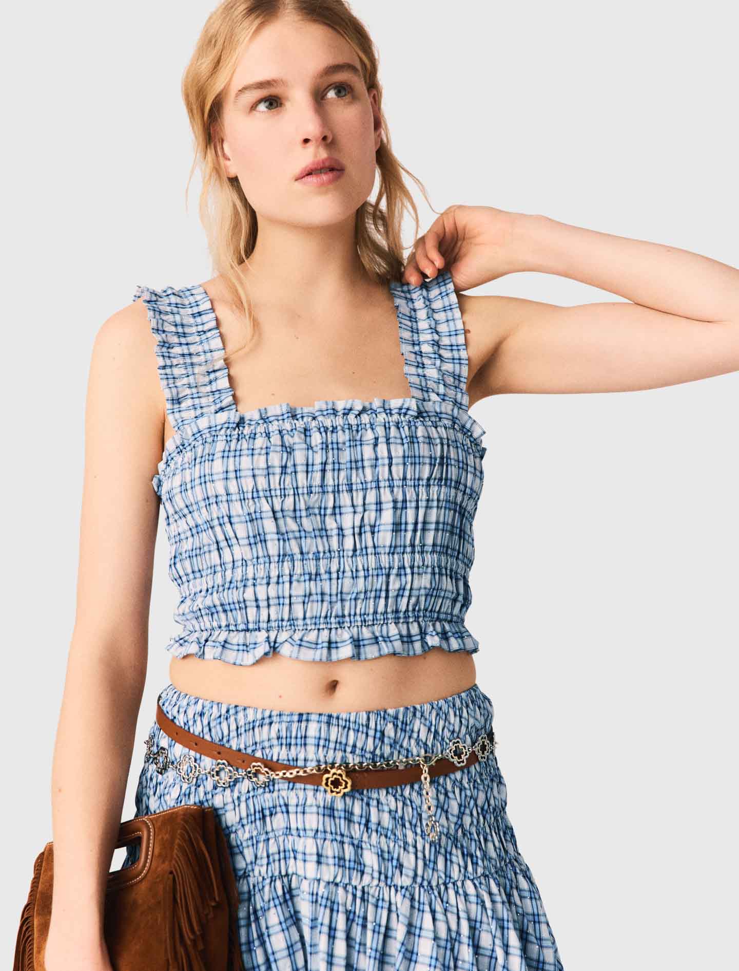 Smocked Rhinestone Cotton Top Blue Check Print - Image 4
