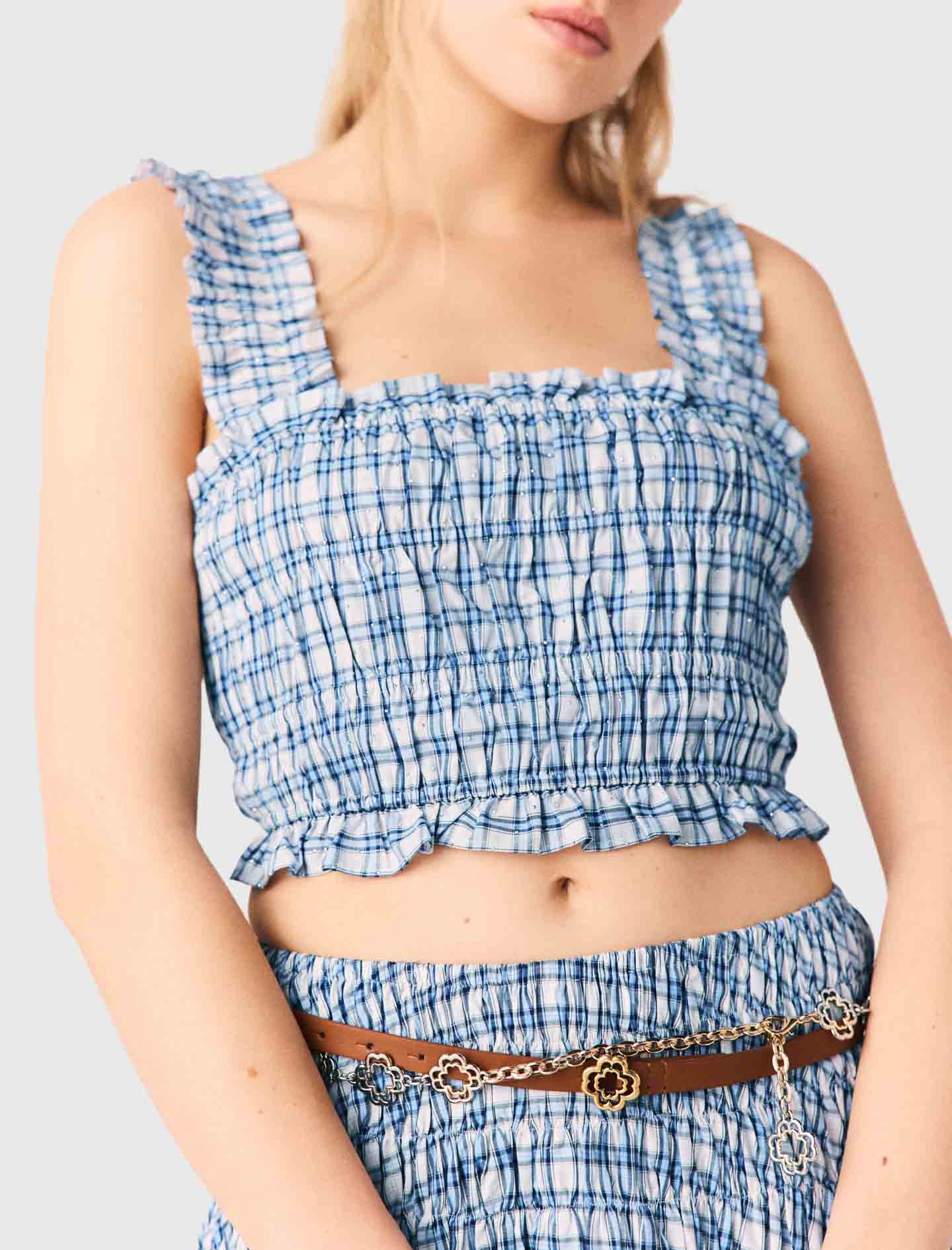 Smocked Rhinestone Cotton Top Blue Check Print - Image 5