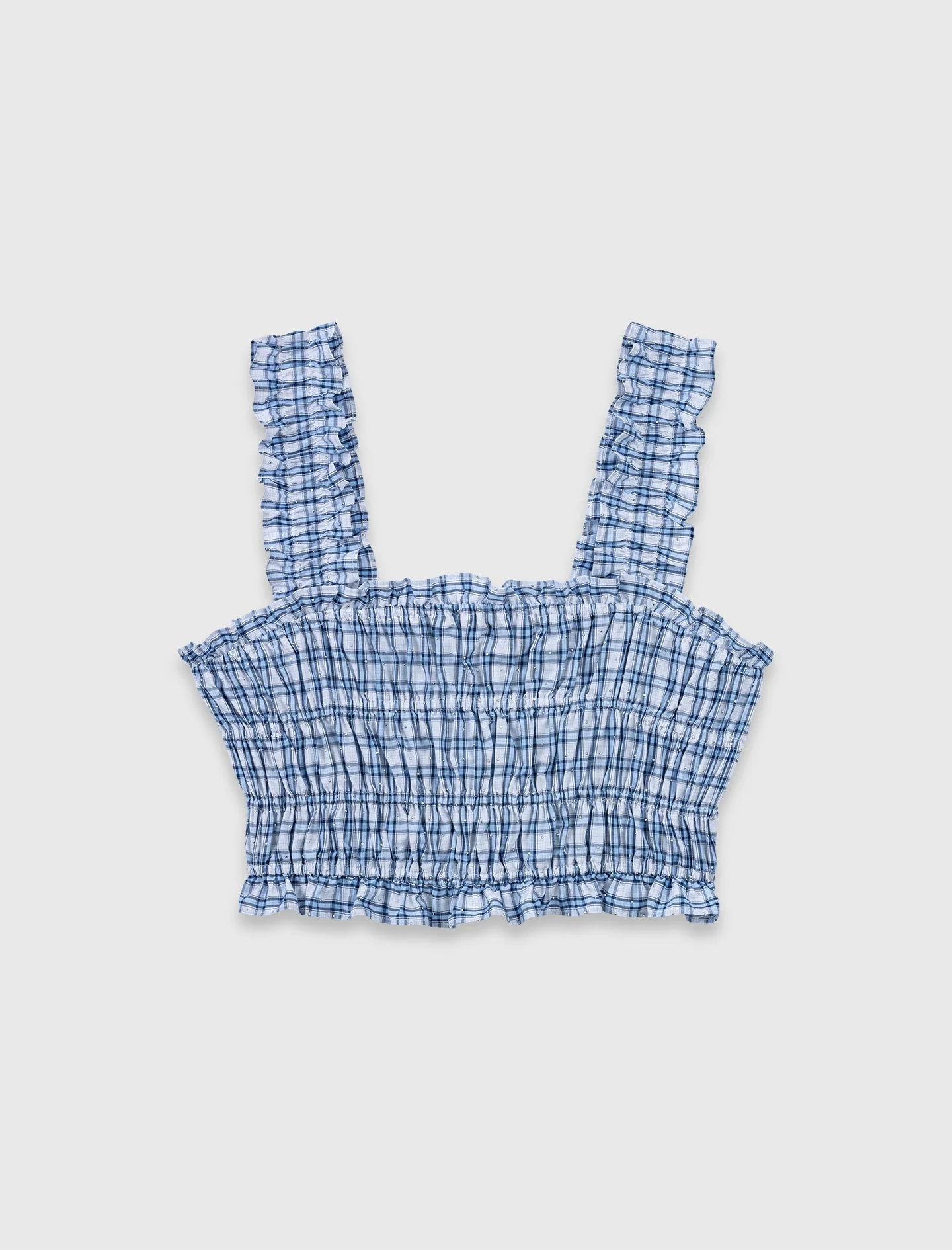 Smocked Rhinestone Cotton Top Blue Check Print - Image 7