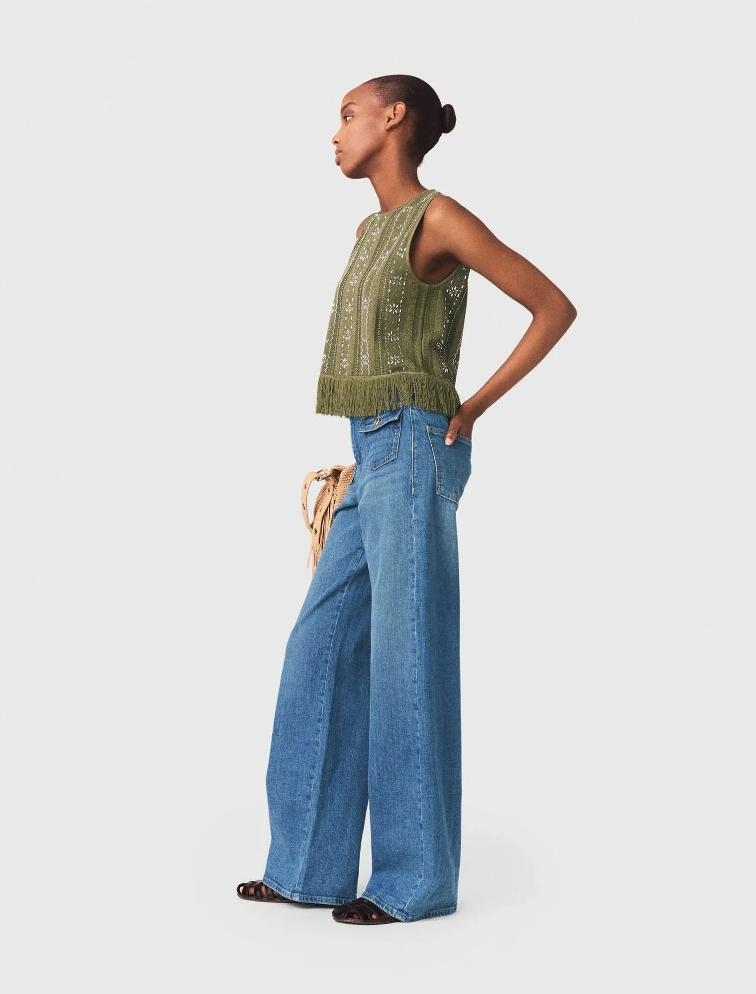 Fringed Rhinestone Flower Top Khaki - Image 2