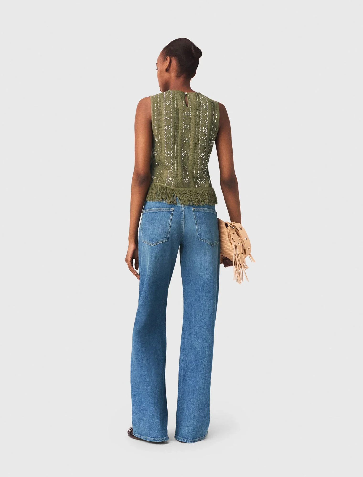 Fringed Rhinestone Flower Top Khaki - Image 3