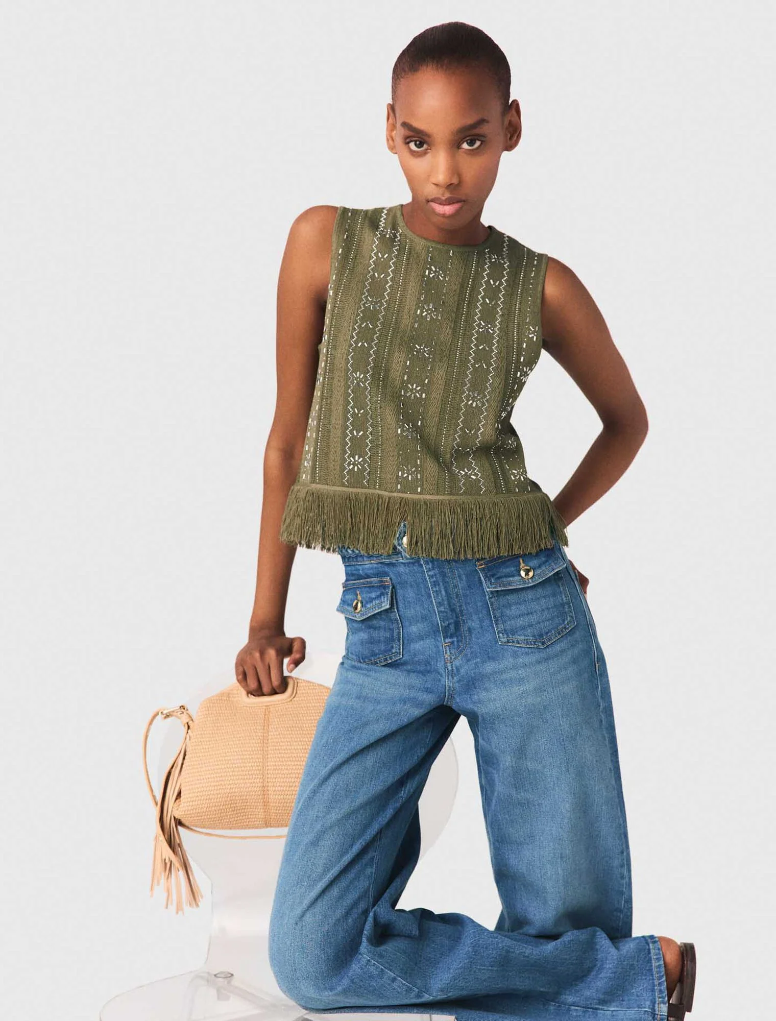 Fringed Rhinestone Flower Top Khaki - Image 4