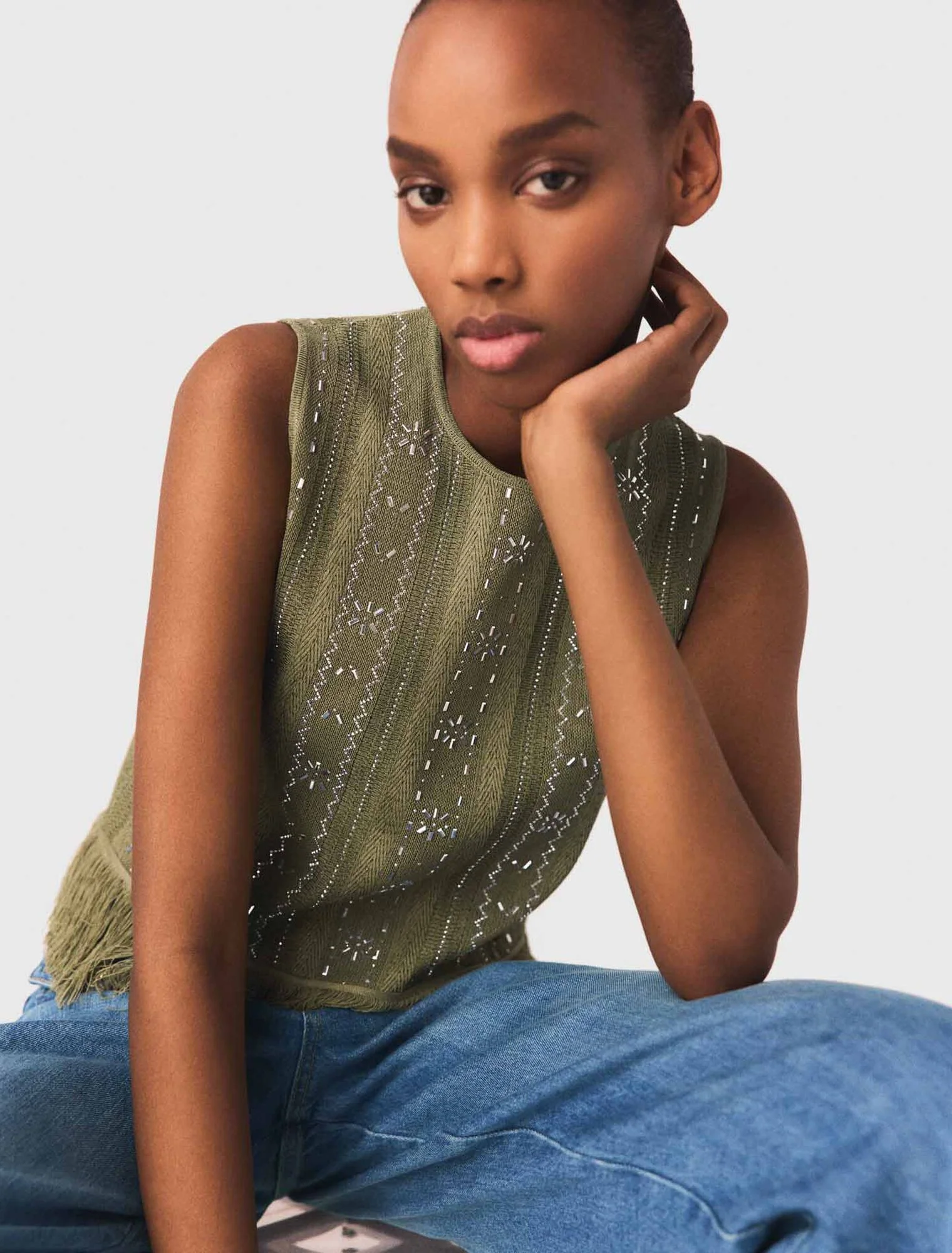 Fringed Rhinestone Flower Top Khaki - Image 5