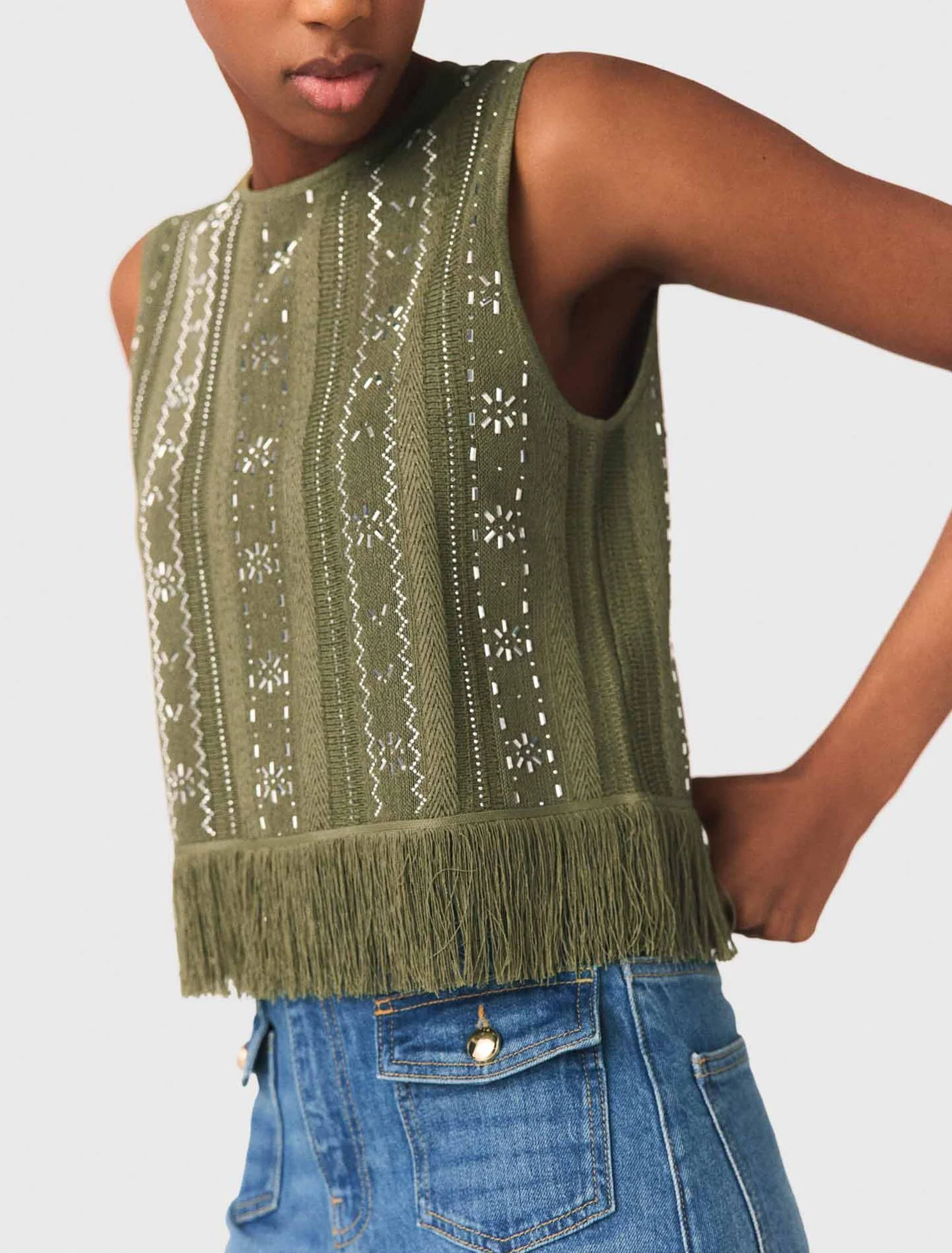 Fringed Rhinestone Flower Top Khaki - Image 6