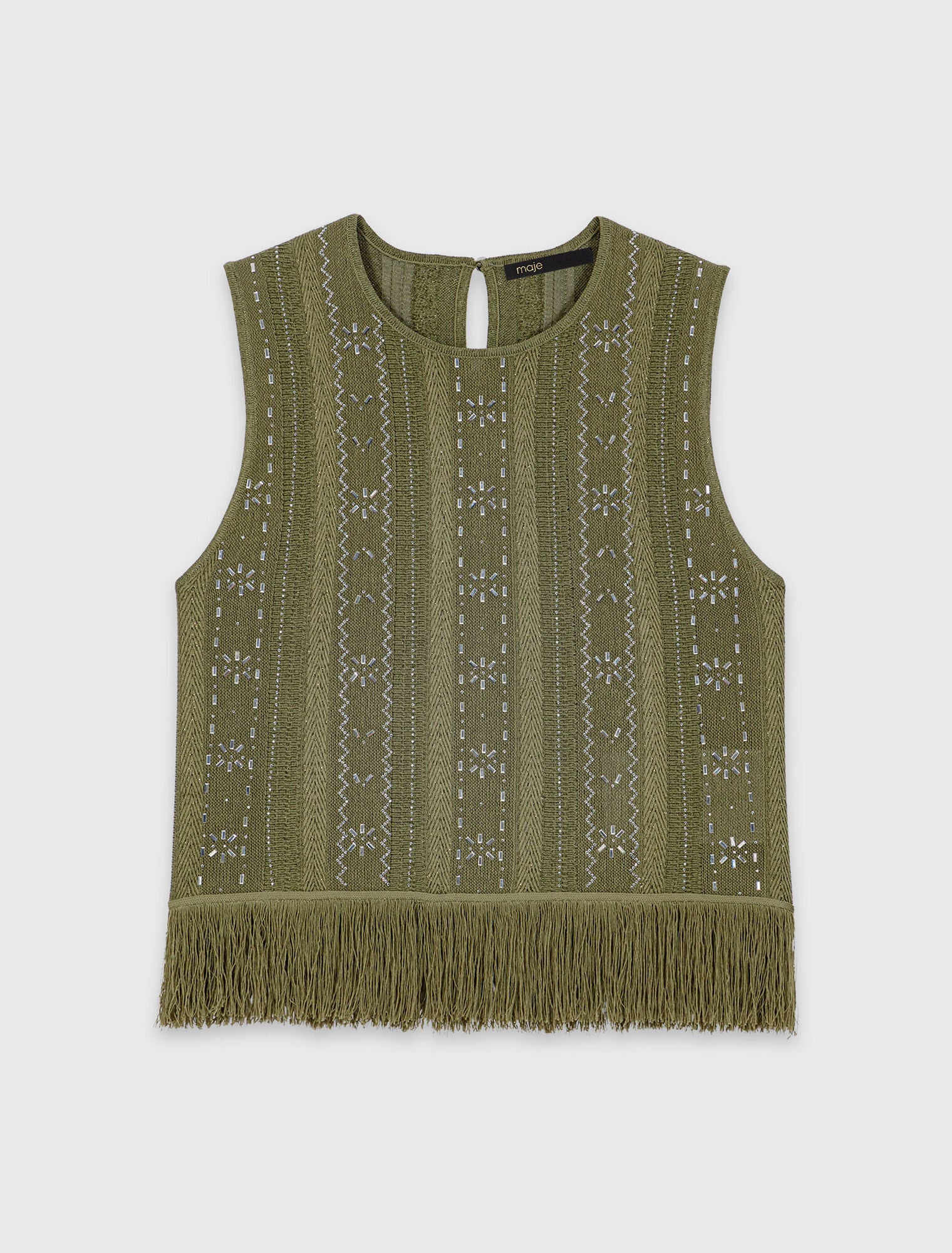Fringed Rhinestone Flower Top Khaki - Image 7