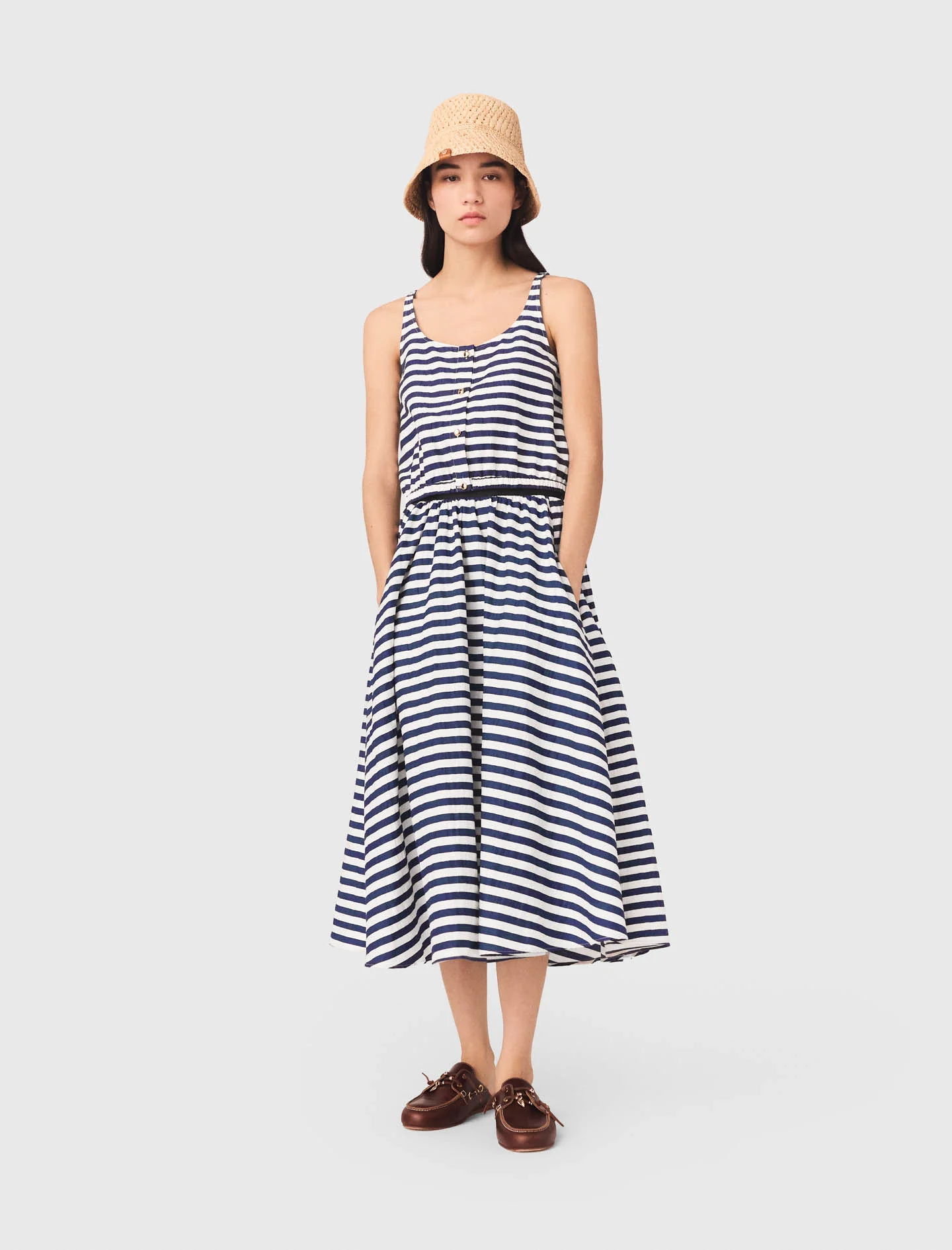 Linen-Blend Top White/Blue