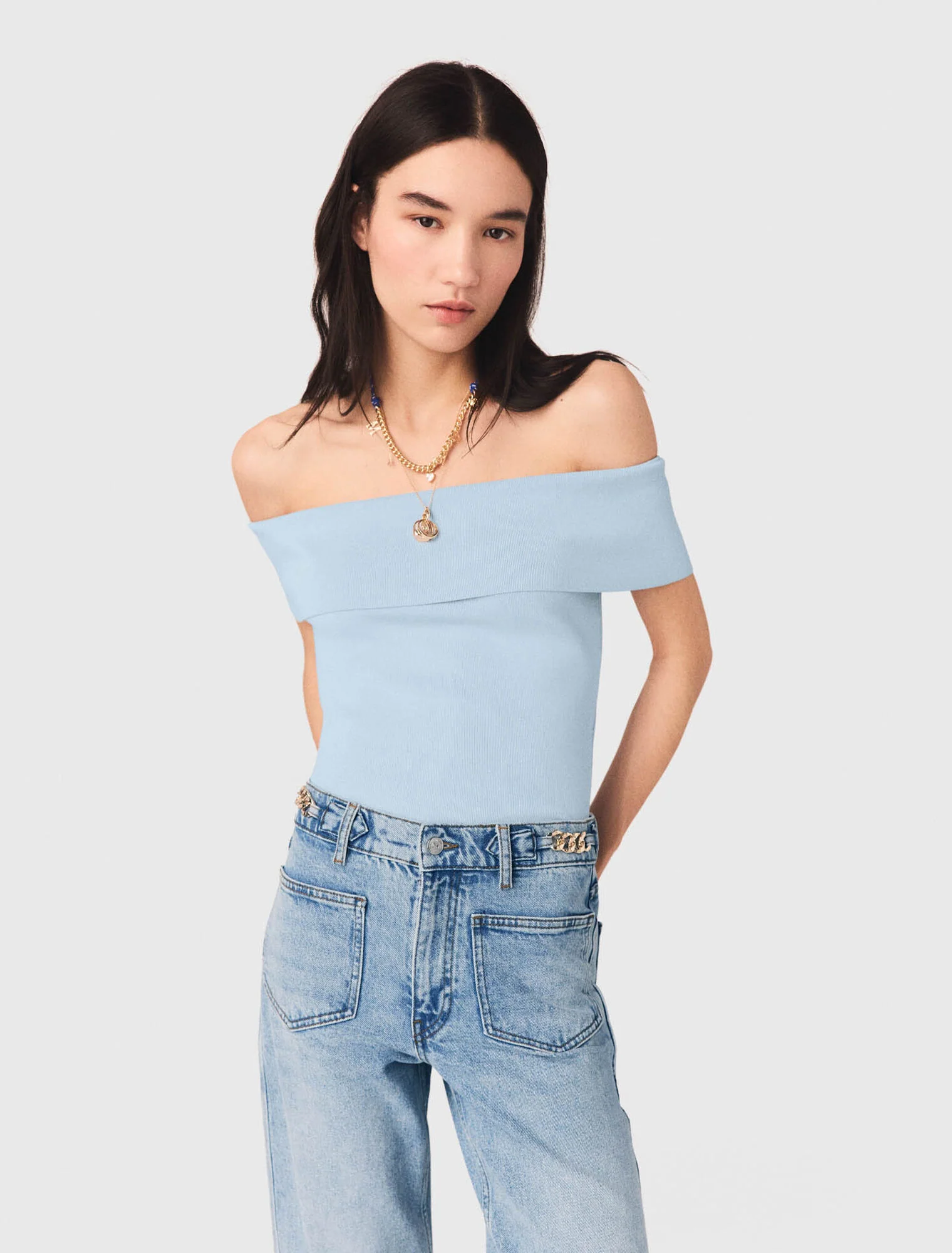 Bardot Rib Knit Top Blue Sky - Image 4