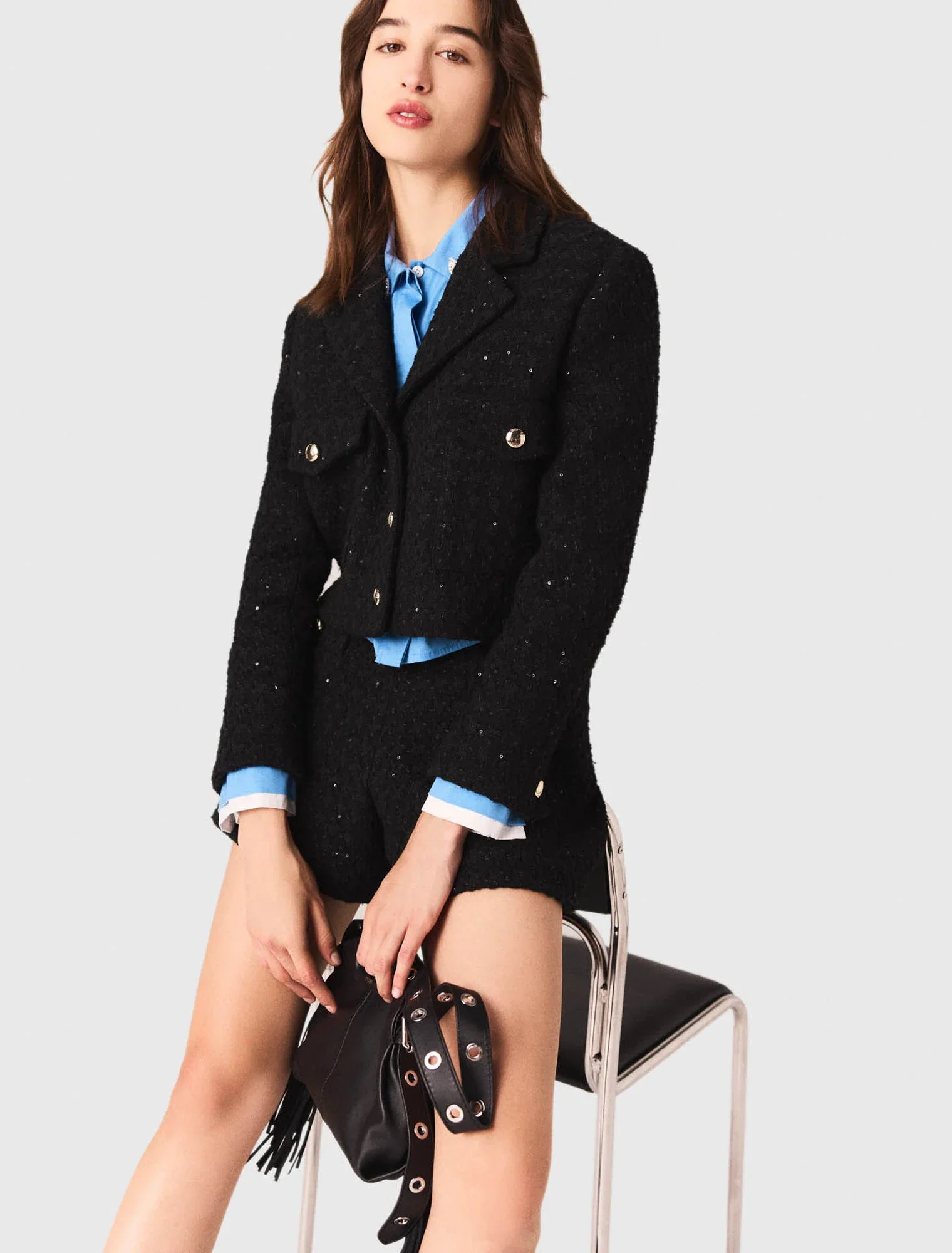 Short rhinestone tweed jacket Black - Image 4