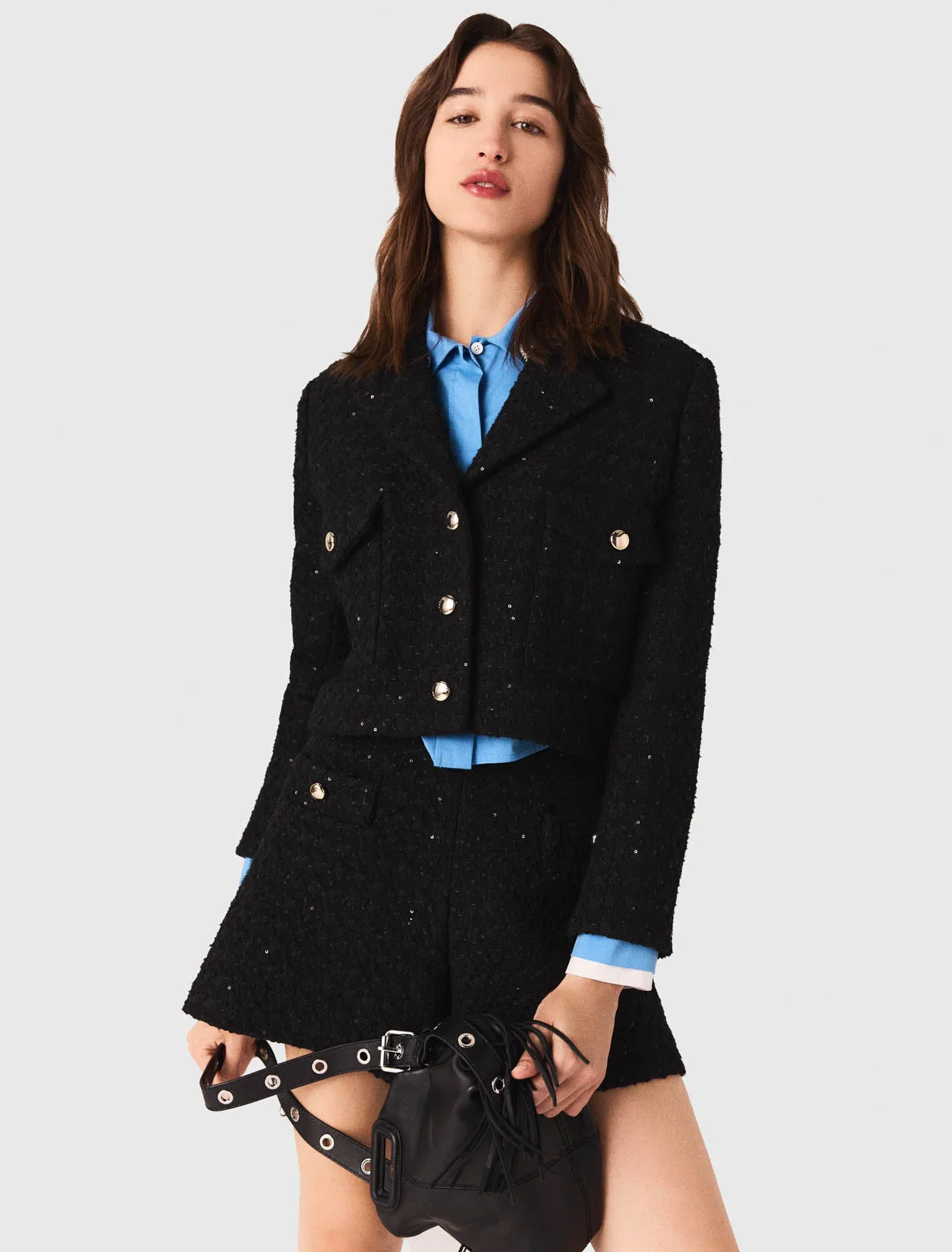 Short rhinestone tweed jacket Black - Image 5