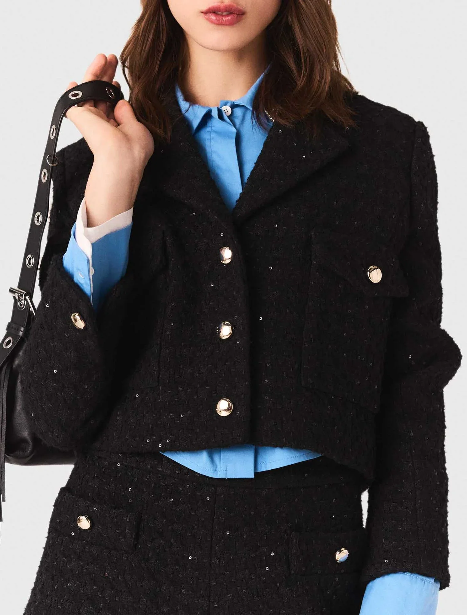 Short rhinestone tweed jacket Black - Image 6