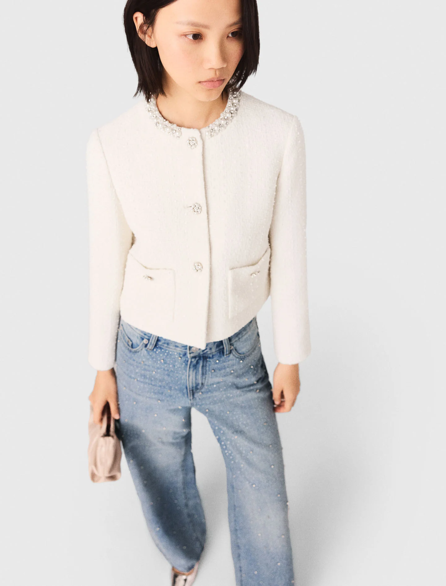 Pearl-Trimmed Tweed Jacket Ecru - Image 4