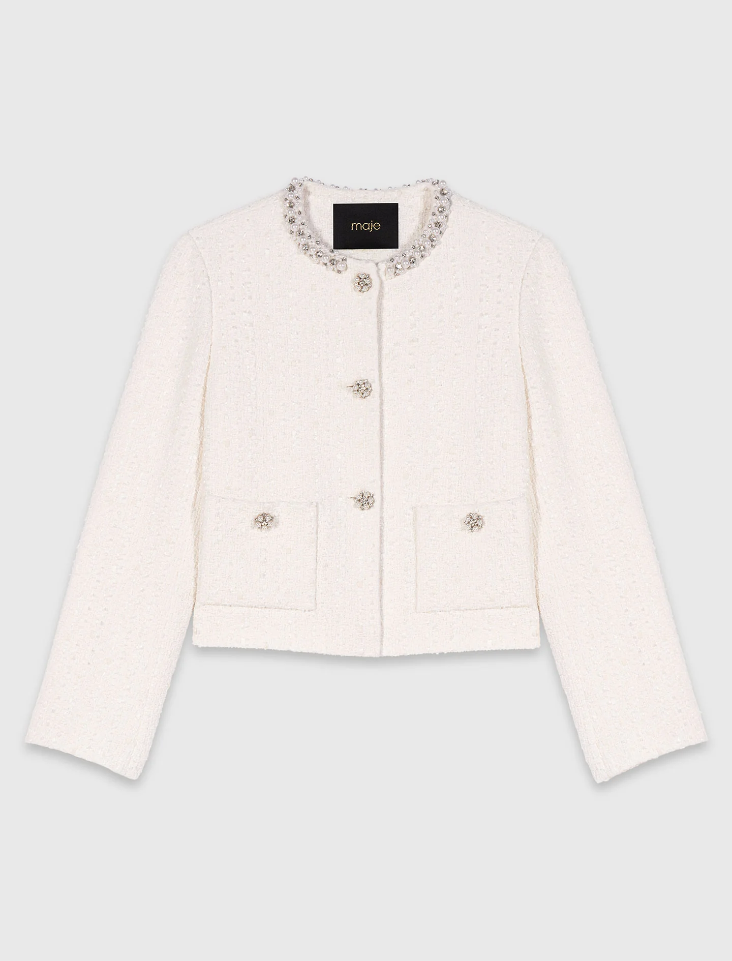 Pearl-Trimmed Tweed Jacket Ecru - Image 6