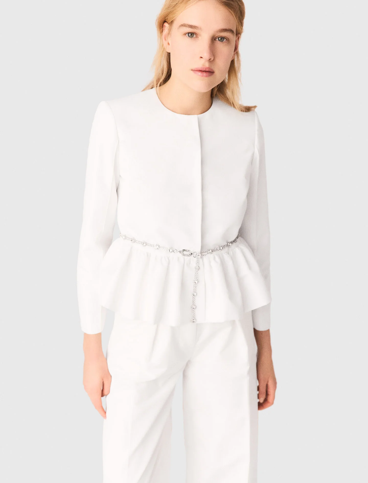 Cropped Jacket With Jewelled Belt White - Image 4