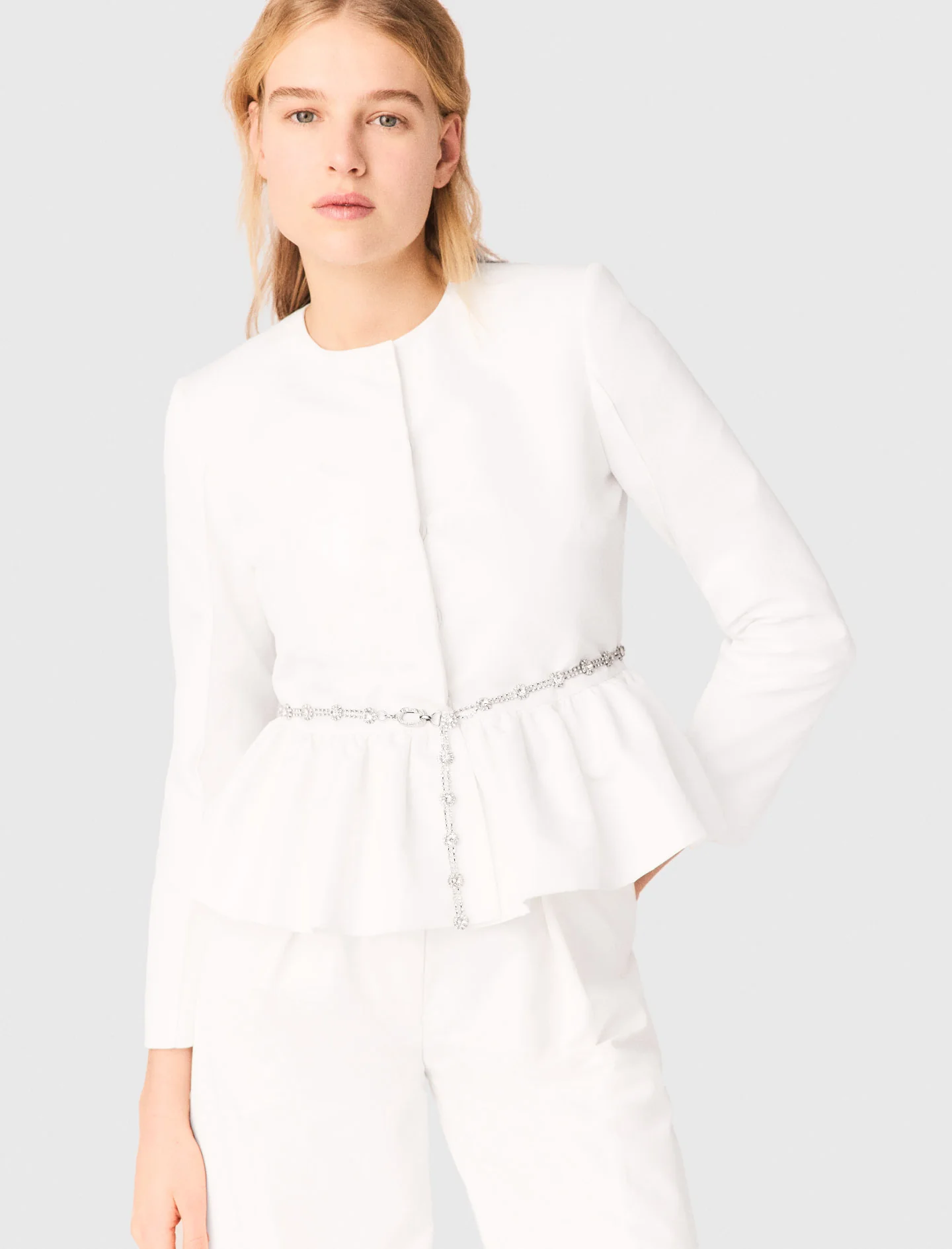 Cropped Jacket With Jewelled Belt White - Image 6
