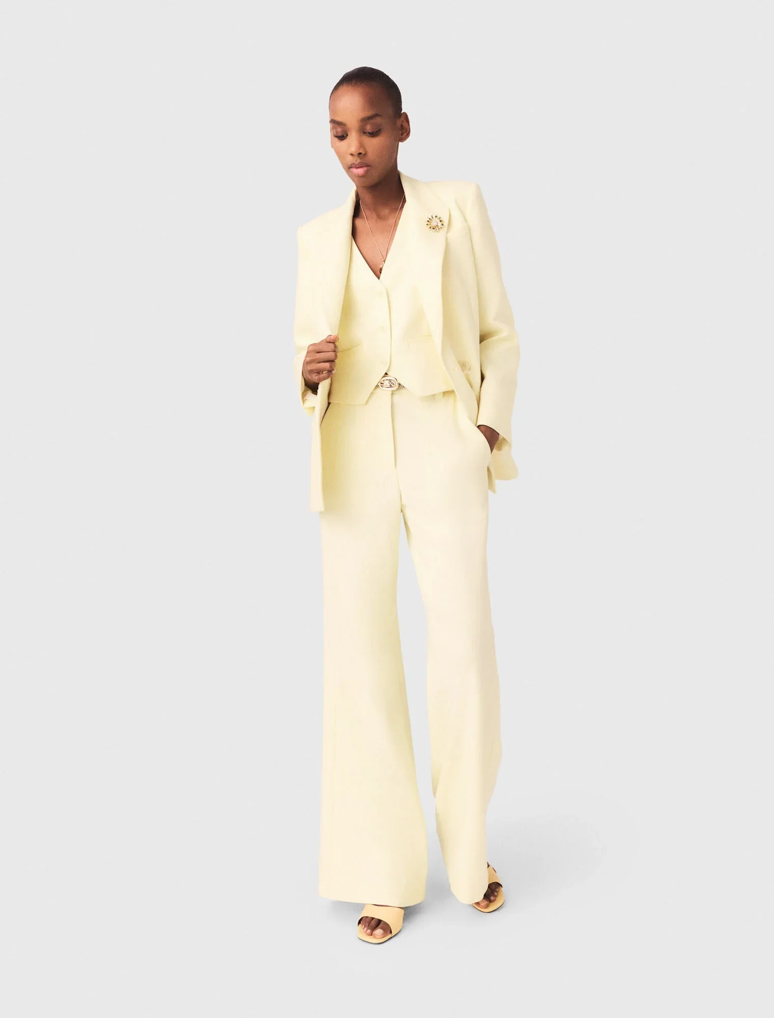 Double-Breasted Suit Jacket Pale Yellow - Image 4