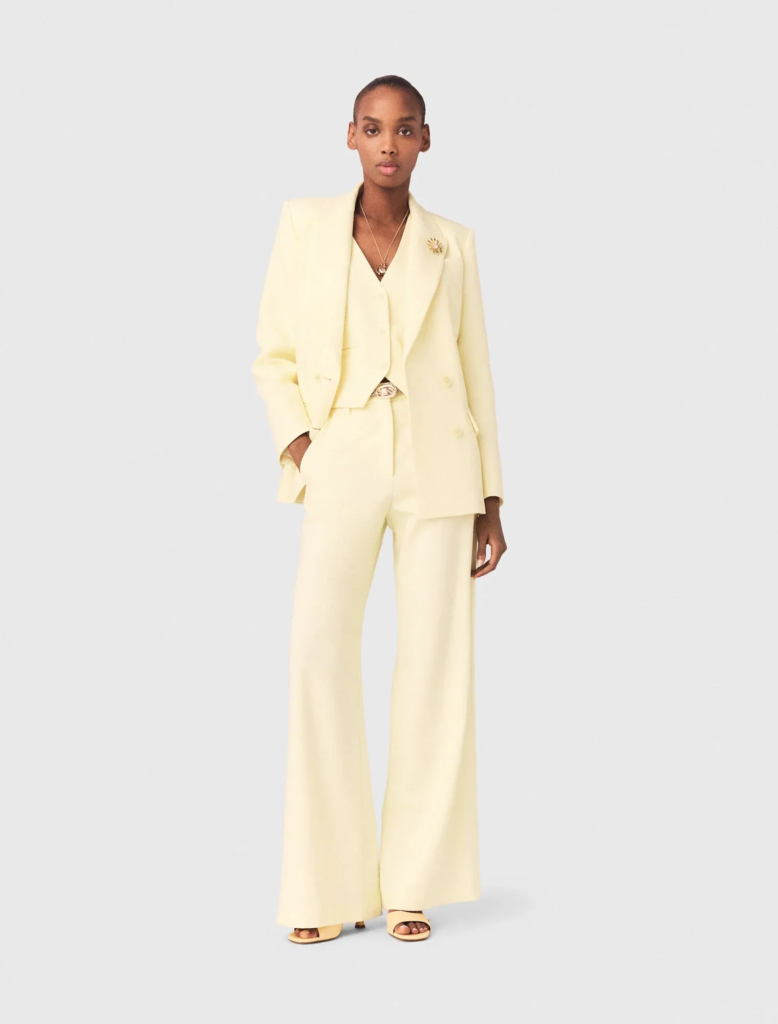 Double-Breasted Suit Jacket Pale Yellow - Image 5