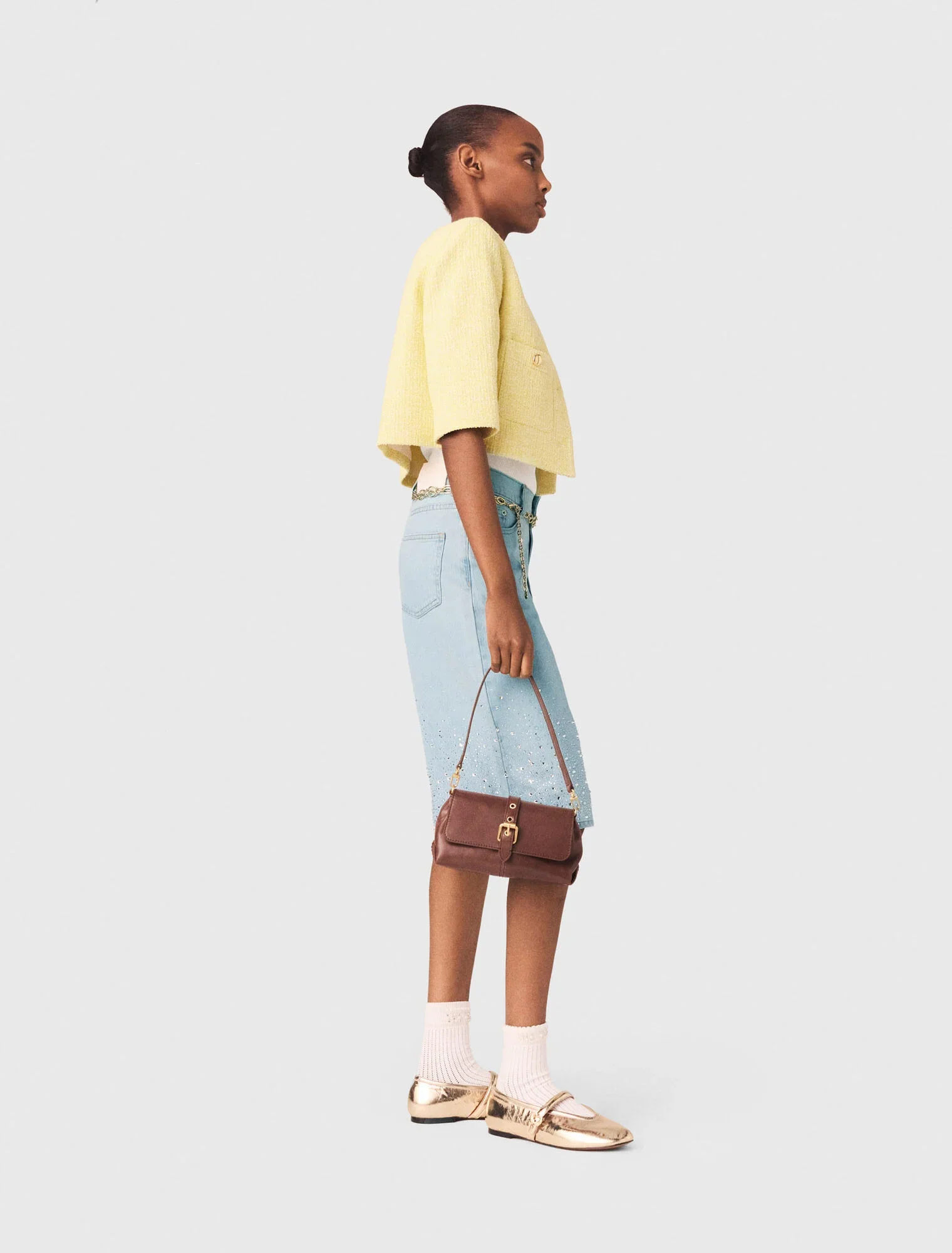 Short-Sleeved Tweed Jacket Pale Yellow - Image 2