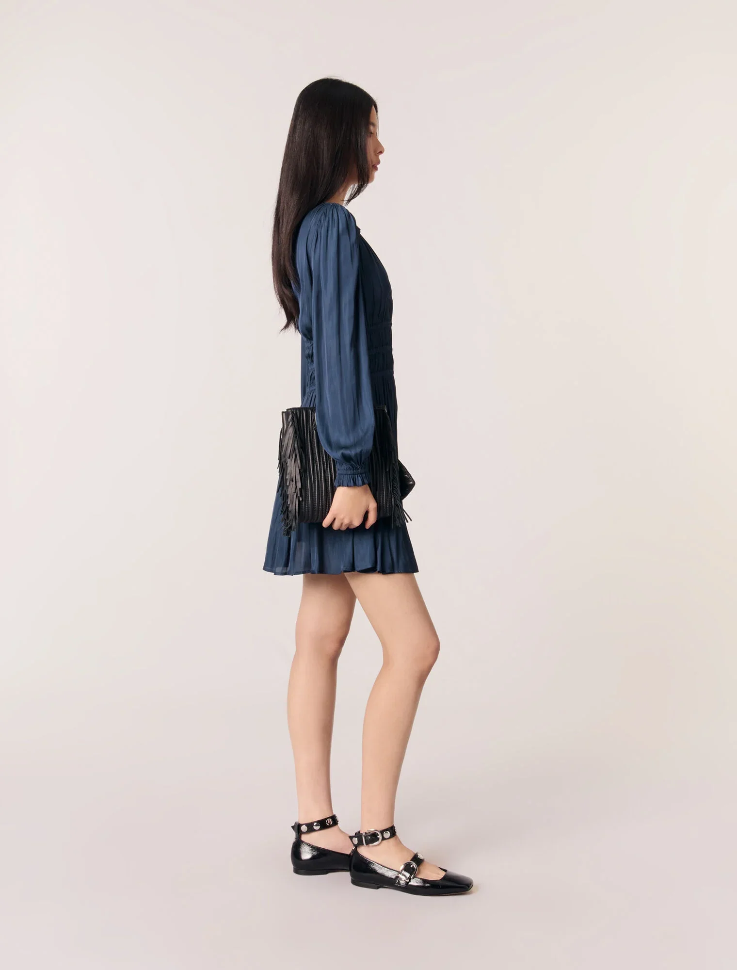 Satin dress with ruffles Navy - Image 2